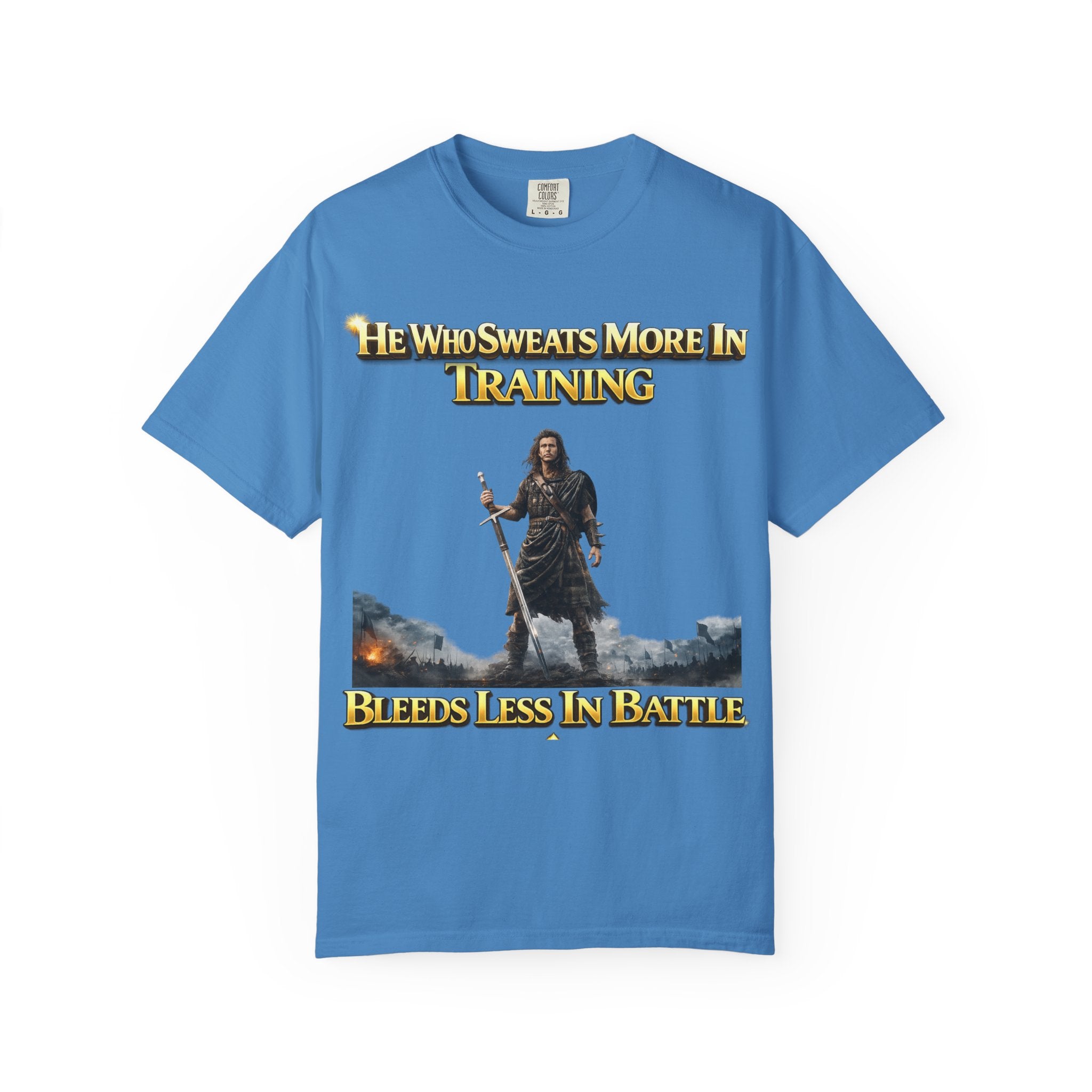 Training Warrior T-Shirt — "He Who Sweats More in Training Bleeds Less in Battle" Printify