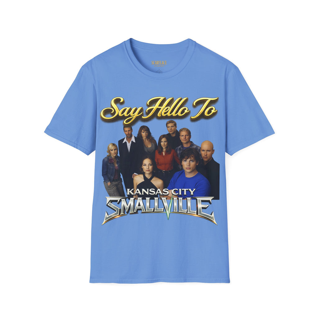 Smallville Cast T-Shirt – "Say Hello To" Kansas City Retro TV Logo Printify