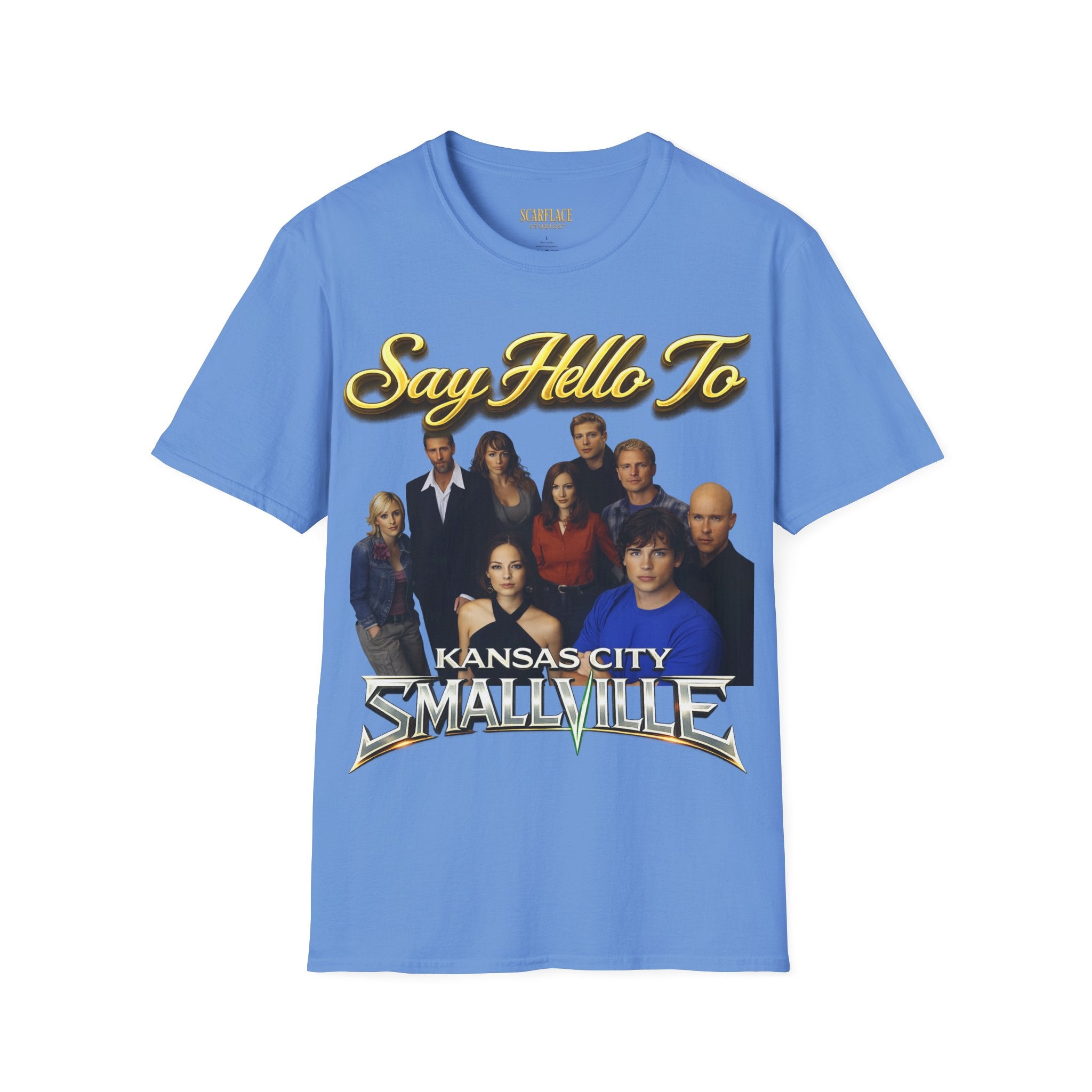 Smallville Cast T-Shirt – "Say Hello To" Kansas City Retro TV Logo Printify