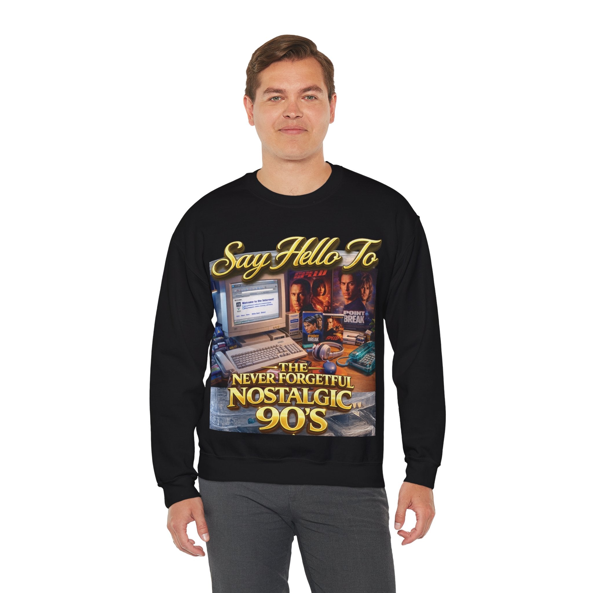 90s Nostalgia Crewneck Sweatshirt – "Say Hello To The Never Forgetful Nostalgic 90's" Printify