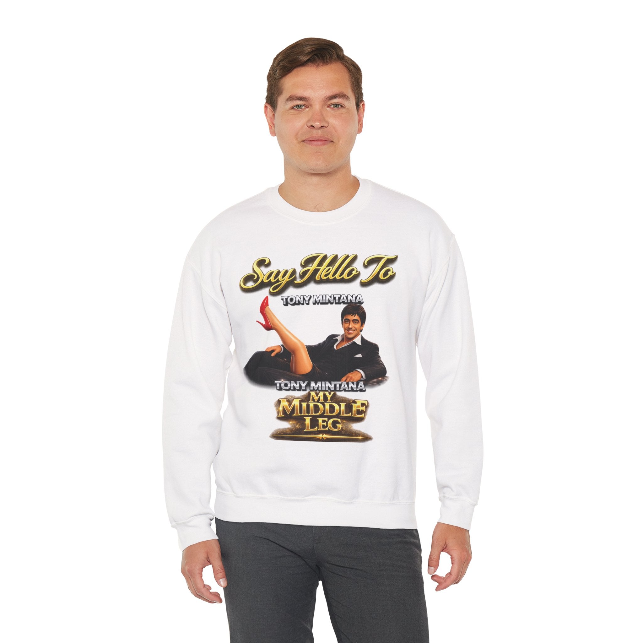 Scarface Parody Crewneck Sweatshirt — "Say Hello to My Middle Leg" Graphic Printify