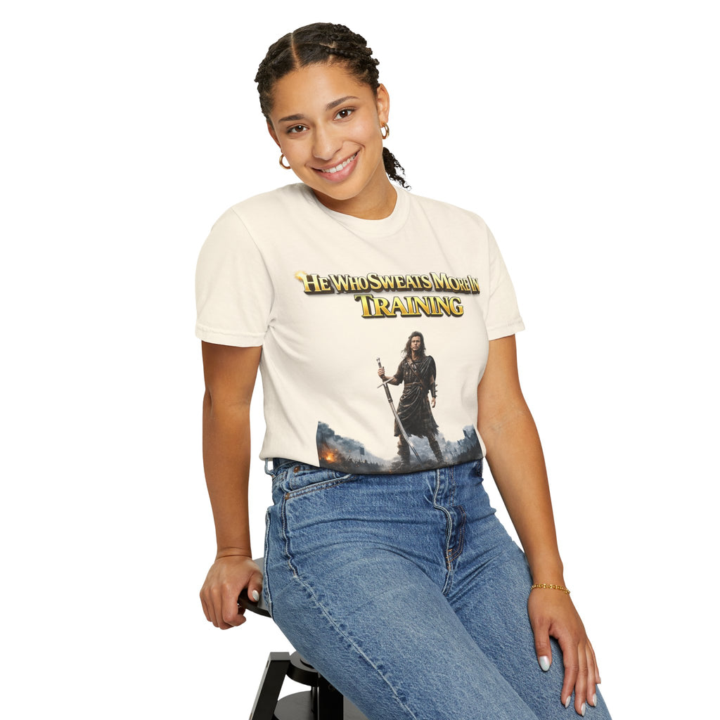 Training Warrior T-Shirt — "He Who Sweats More in Training Bleeds Less in Battle" Printify