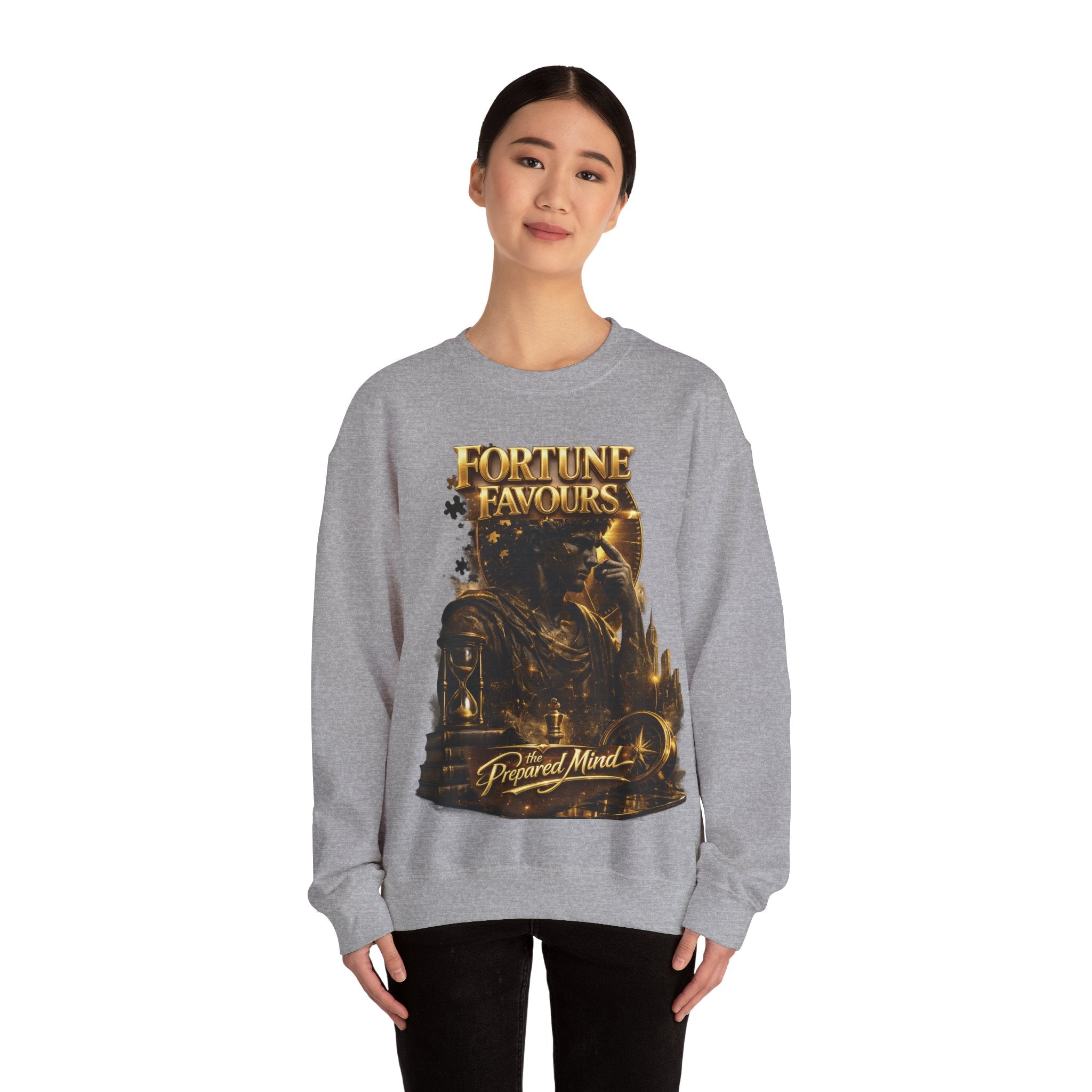 Crewneck Sweatshirt — "Fortune Favors the Prepared Mind" Motivational Design Printify