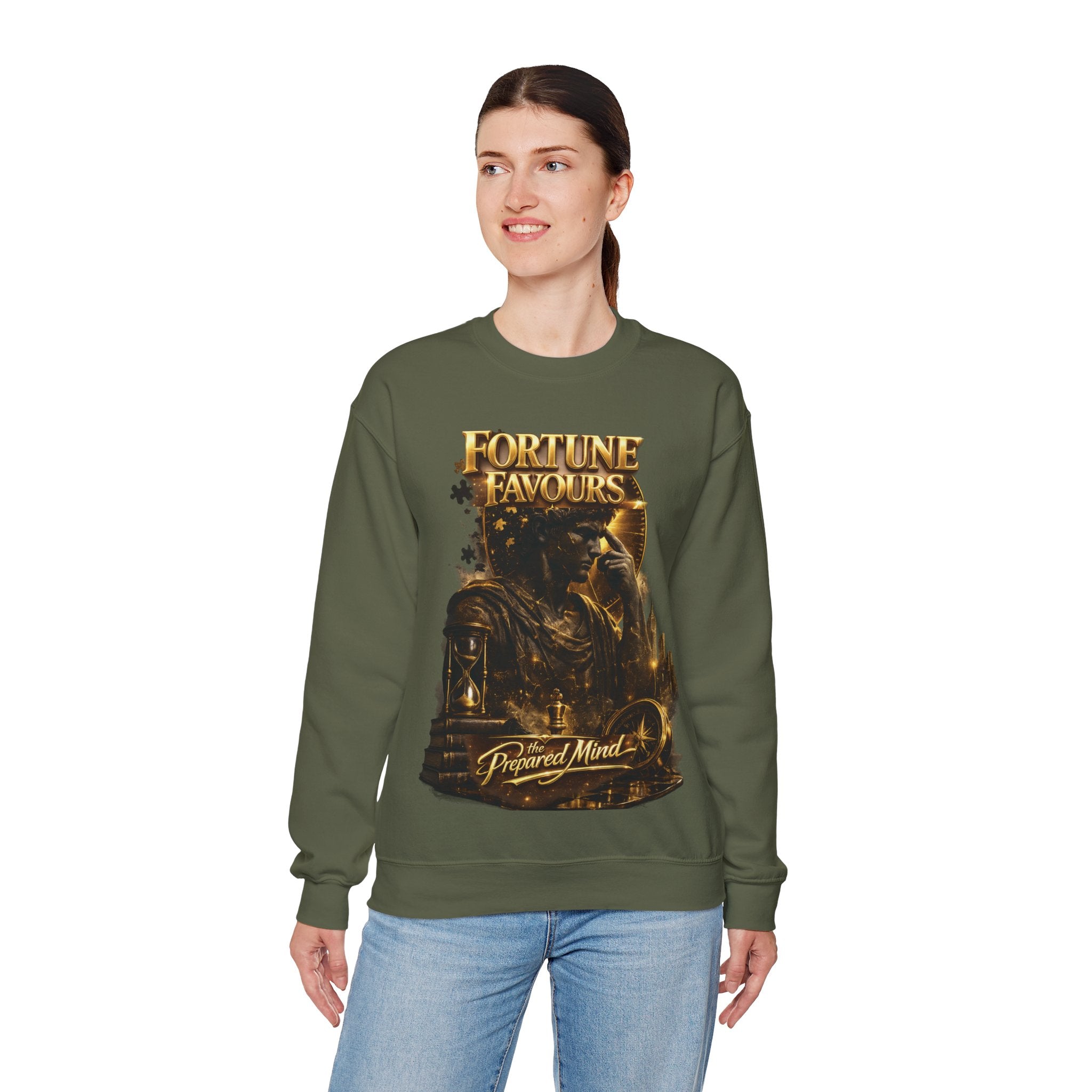 Crewneck Sweatshirt — "Fortune Favors the Prepared Mind" Motivational Design Printify