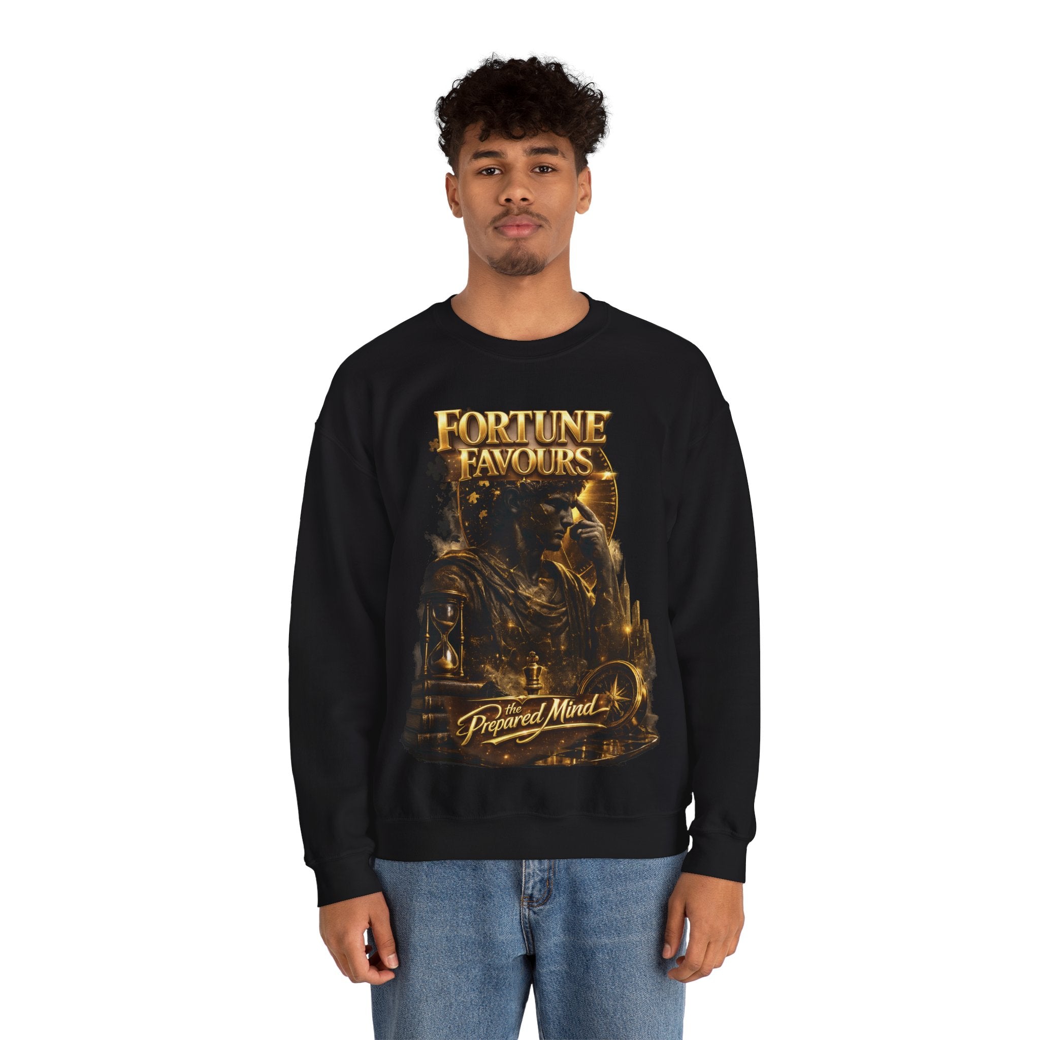 Crewneck Sweatshirt — "Fortune Favors the Prepared Mind" Motivational Design Printify