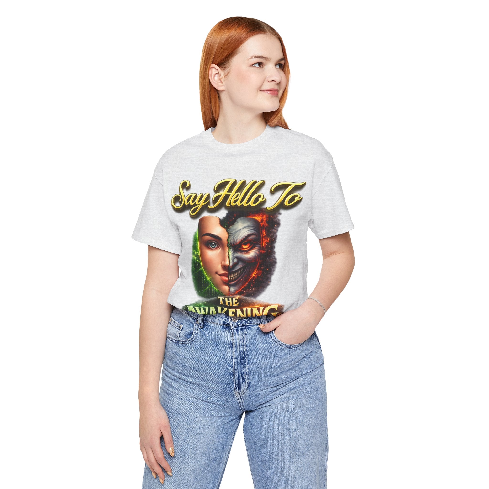 Horror Mask Split Face Tee — "Say Hello To Your Family and Friends" Graphic T-Shirt Printify