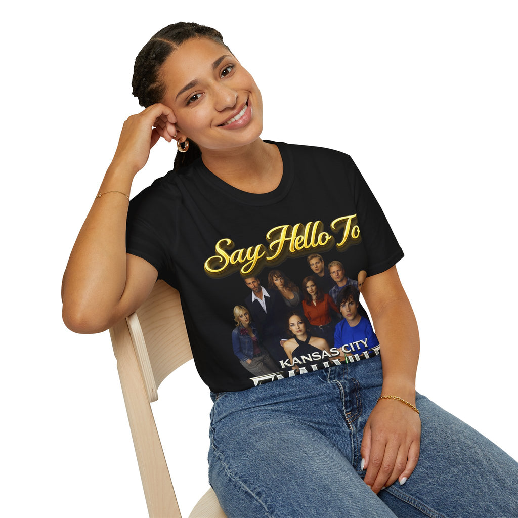 Smallville Cast T-Shirt – "Say Hello To" Kansas City Retro TV Logo Printify