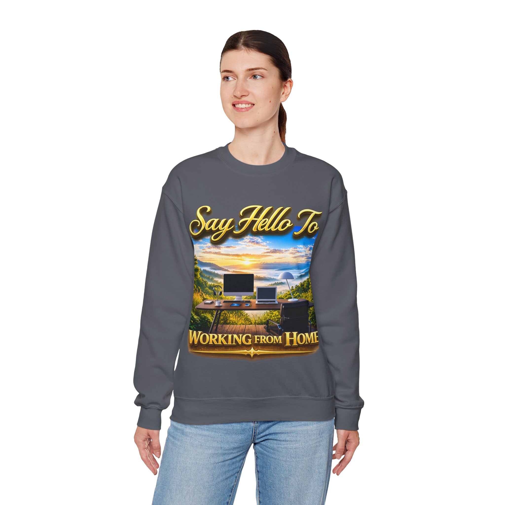 Working From Home Sweatshirt – "Say Hello To" Scenic Home Office Crewneck Printify