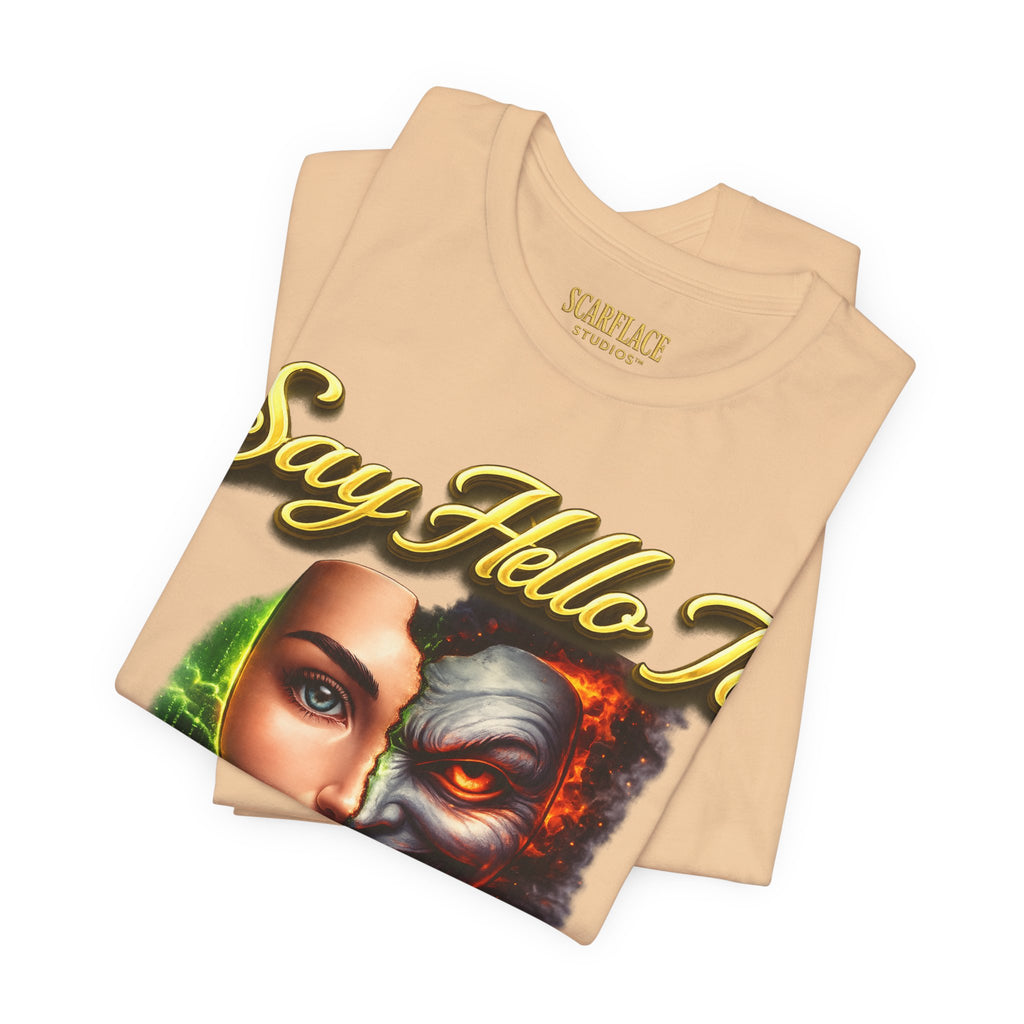 Horror Mask Split Face Tee — "Say Hello To Your Family and Friends" Graphic T-Shirt Printify