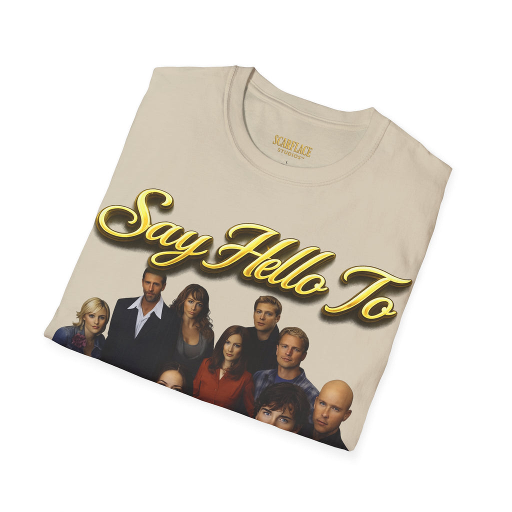 Smallville Cast T-Shirt – "Say Hello To" Kansas City Retro TV Logo Printify