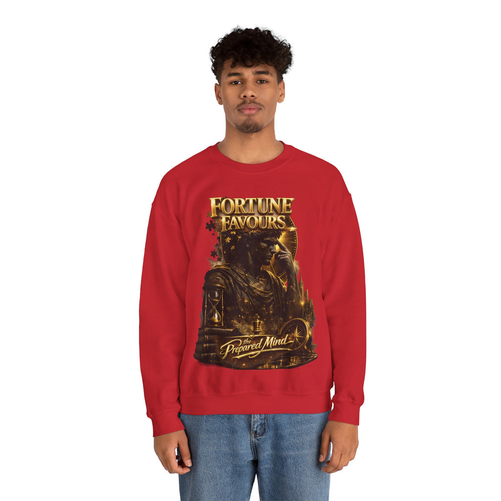 Crewneck Sweatshirt — "Fortune Favors the Prepared Mind" Motivational Design Printify