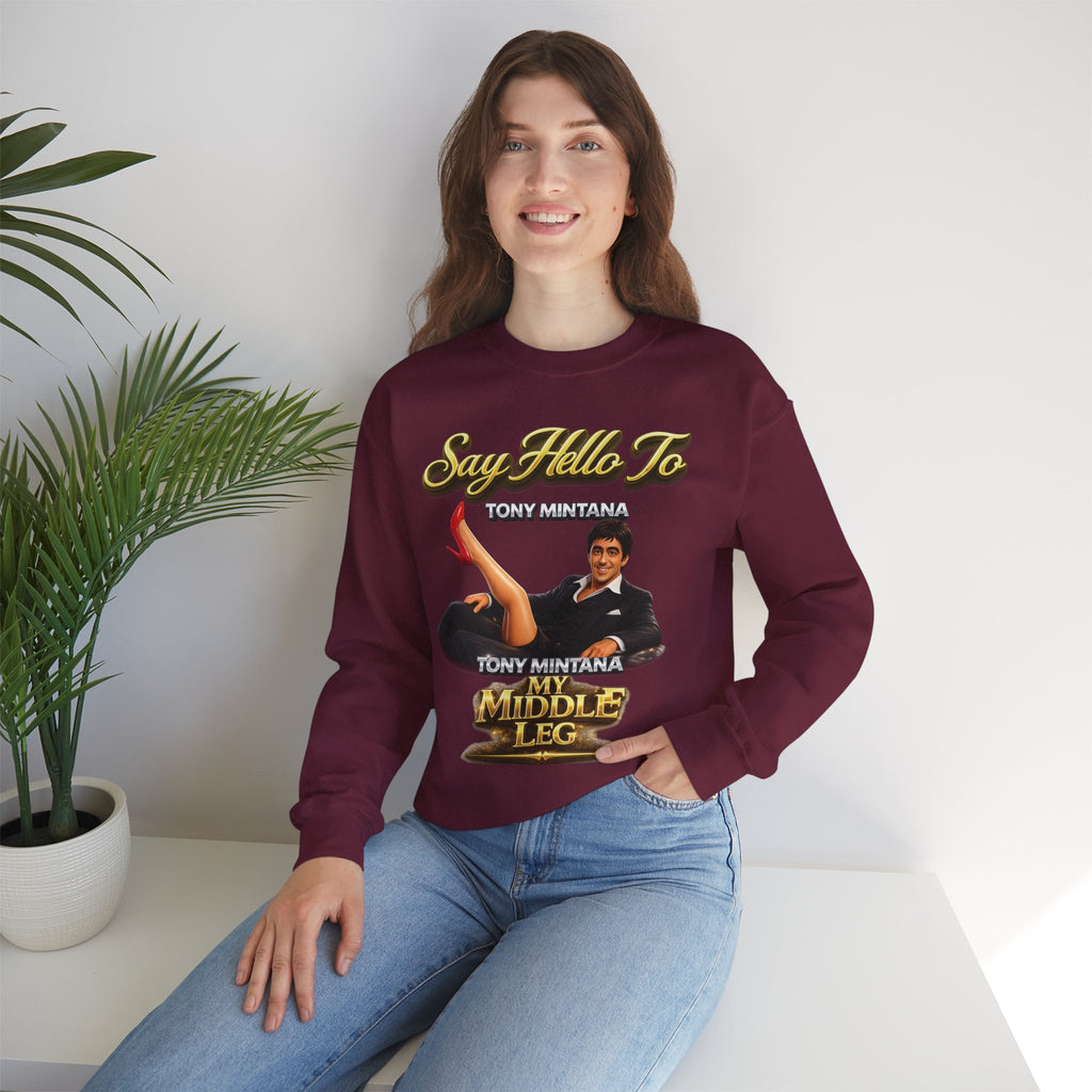 Scarface Parody Crewneck Sweatshirt — "Say Hello to My Middle Leg" Graphic Printify