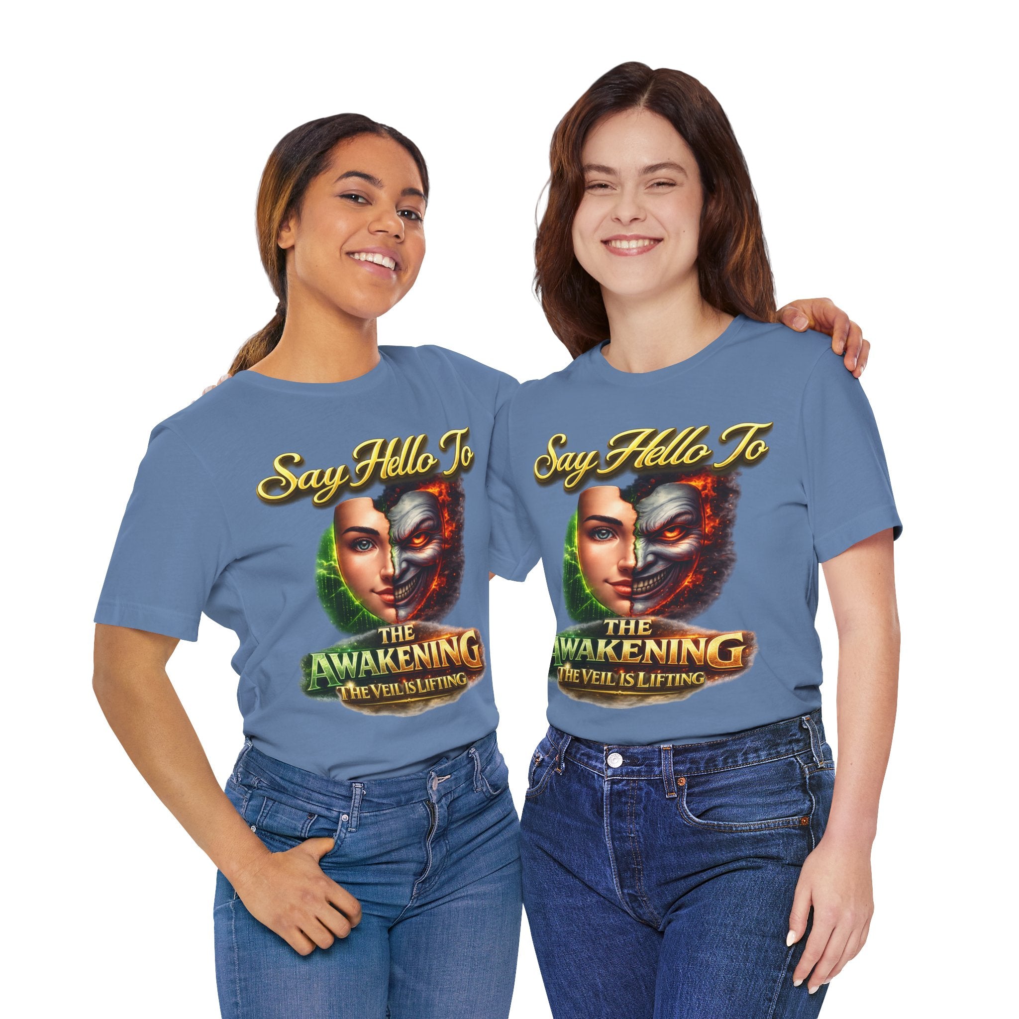 Horror Mask Split Face Tee — "Say Hello To Your Family and Friends" Graphic T-Shirt Printify
