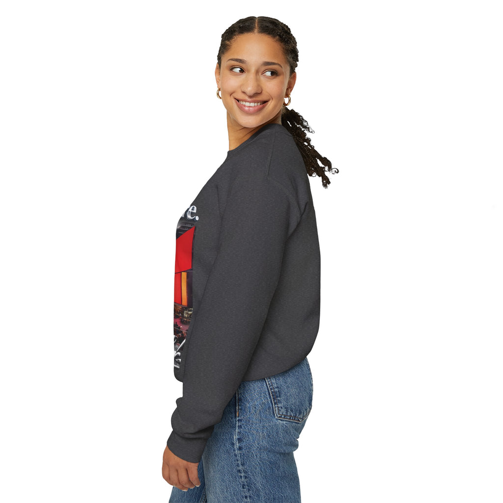 Crewneck Sweatshirt — Times Square Photo with Motivational Script “Nothing Out Here Helps You… That’s What Makes You Stronger” Printify