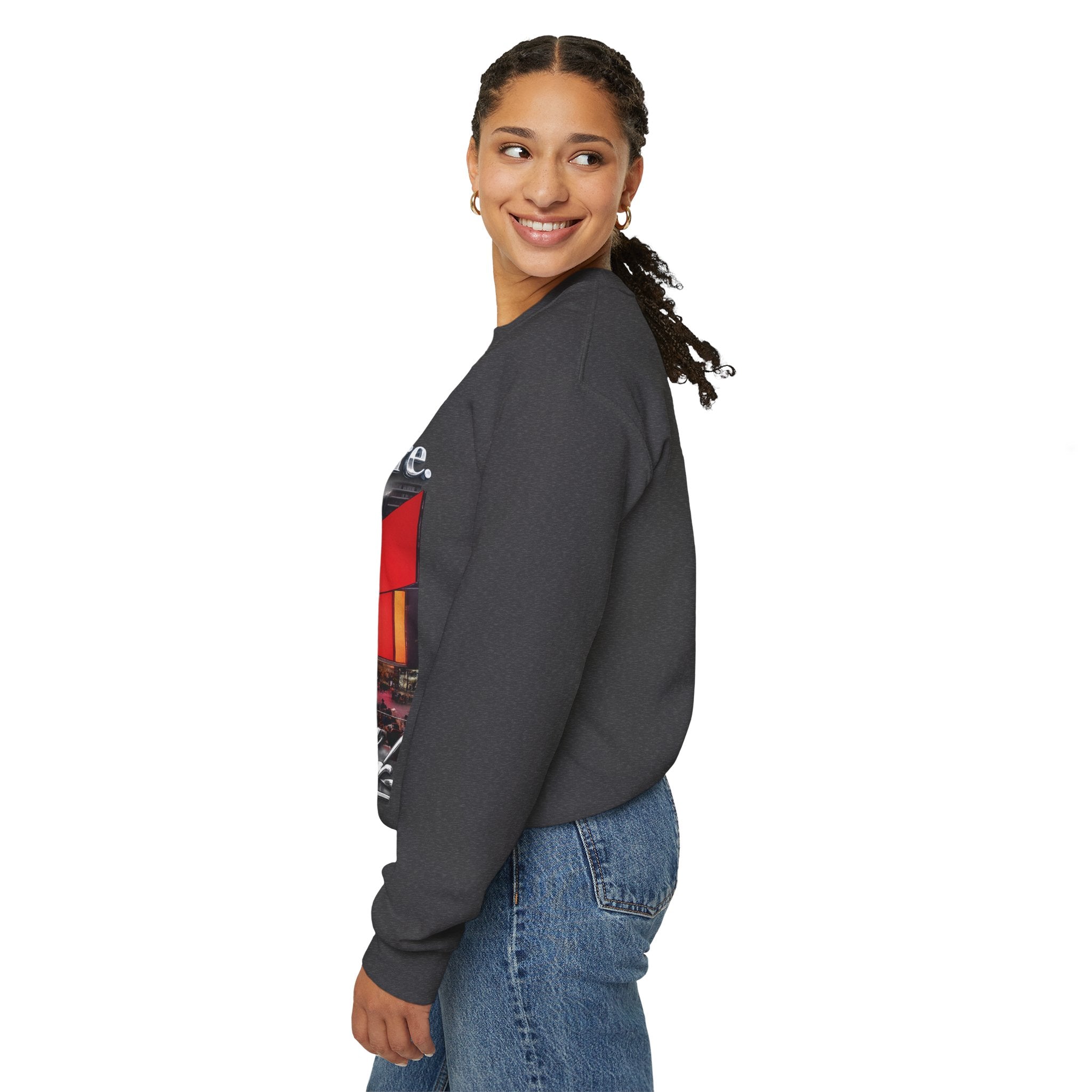 Crewneck Sweatshirt — Times Square Photo with Motivational Script “Nothing Out Here Helps You… That’s What Makes You Stronger” Printify