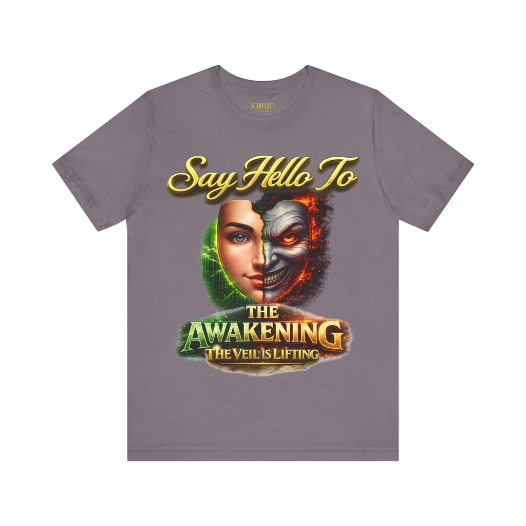 Horror Mask Split Face Tee — "Say Hello To Your Family and Friends" Graphic T-Shirt Printify