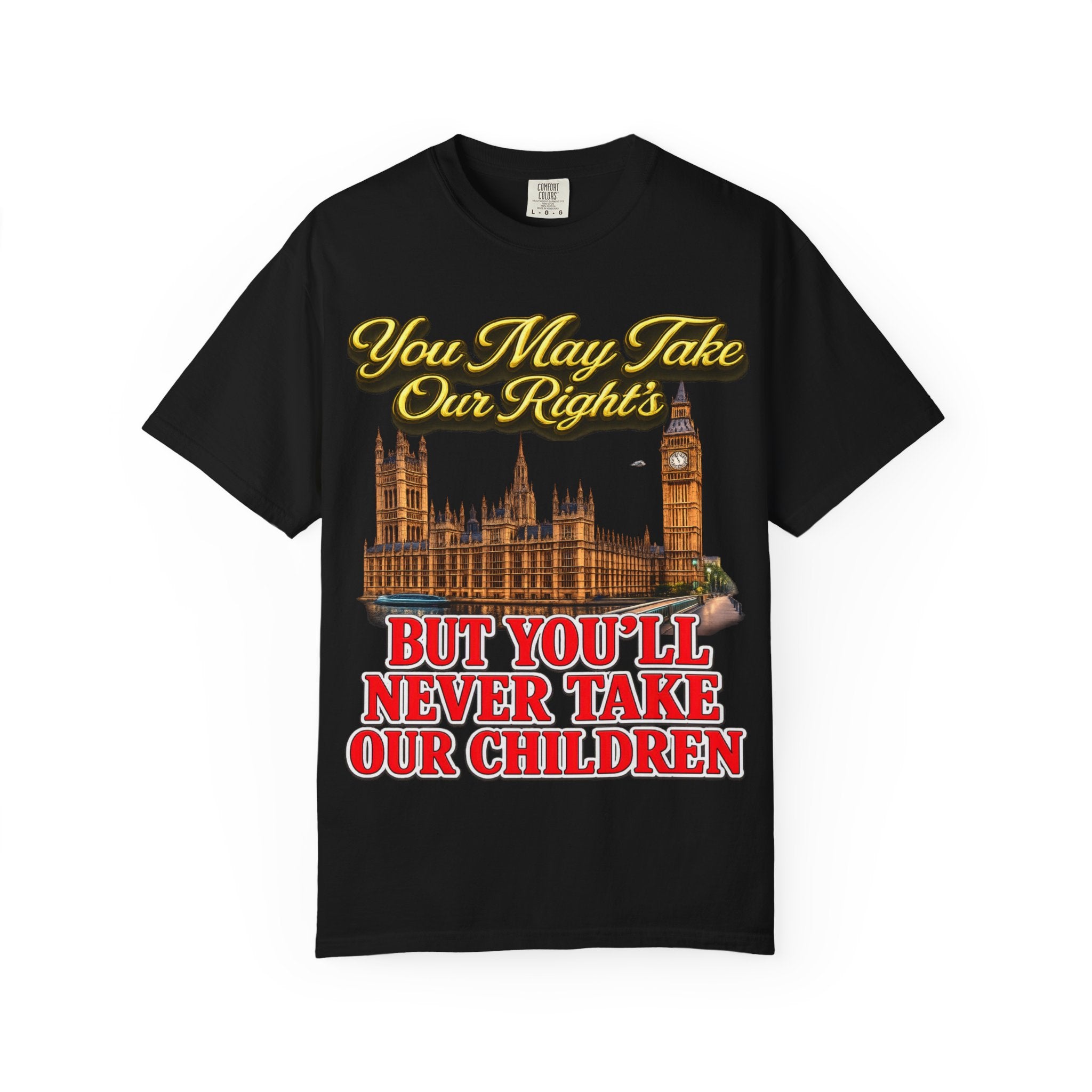 T-Shirt — "You May Take Our Rights But You'll Never Take Our Children" London Parliament Graphic Printify