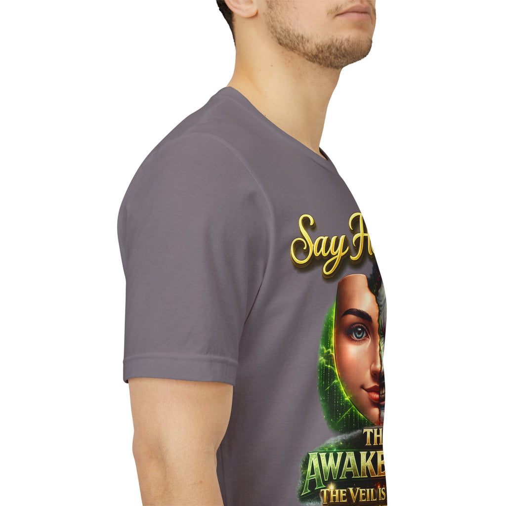 Horror Mask Split Face Tee — "Say Hello To Your Family and Friends" Graphic T-Shirt Printify