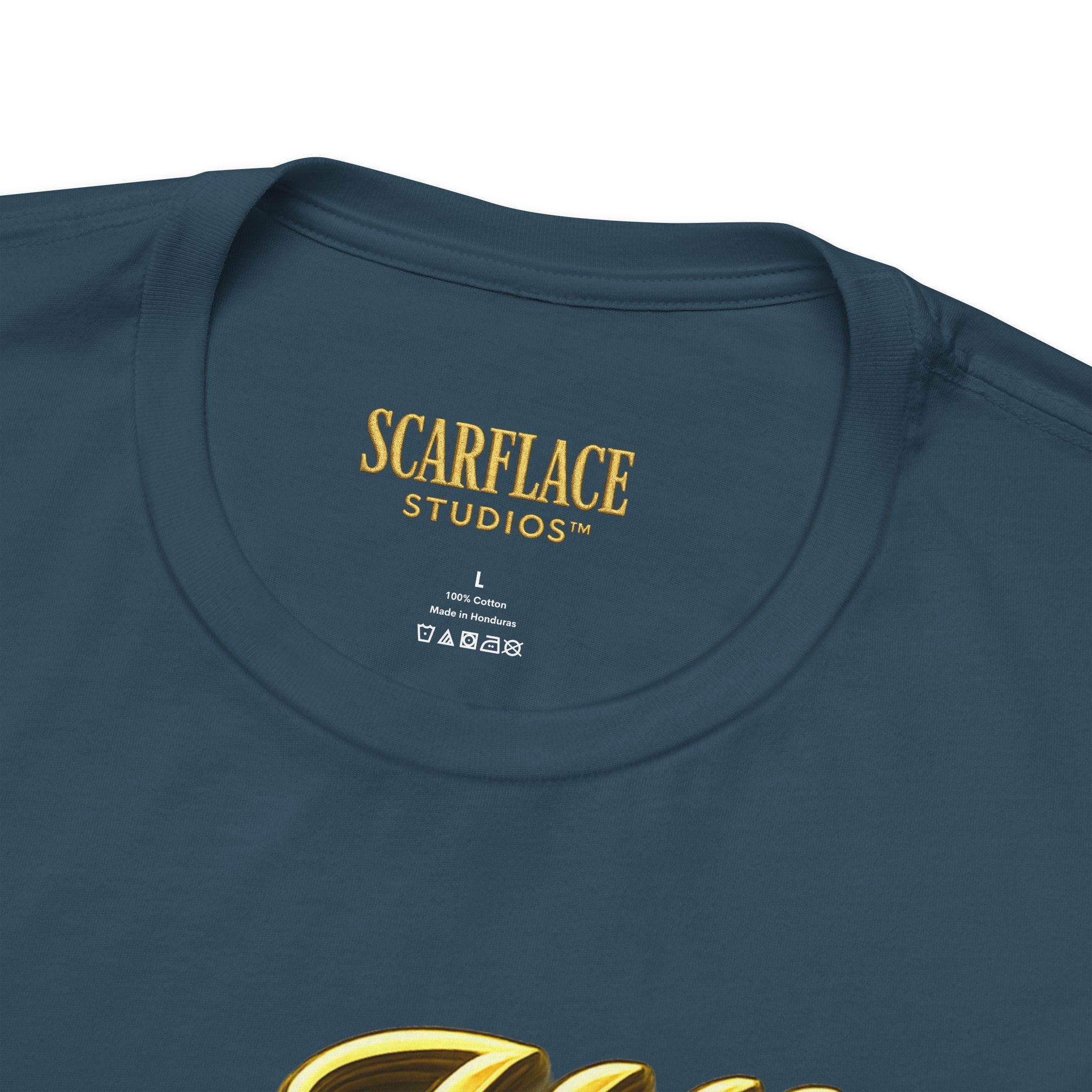 Horror Mask Split Face Tee — "Say Hello To Your Family and Friends" Graphic T-Shirt Printify