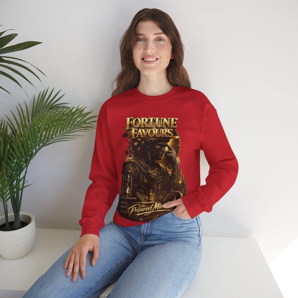 Crewneck Sweatshirt — "Fortune Favors the Prepared Mind" Motivational Design Printify