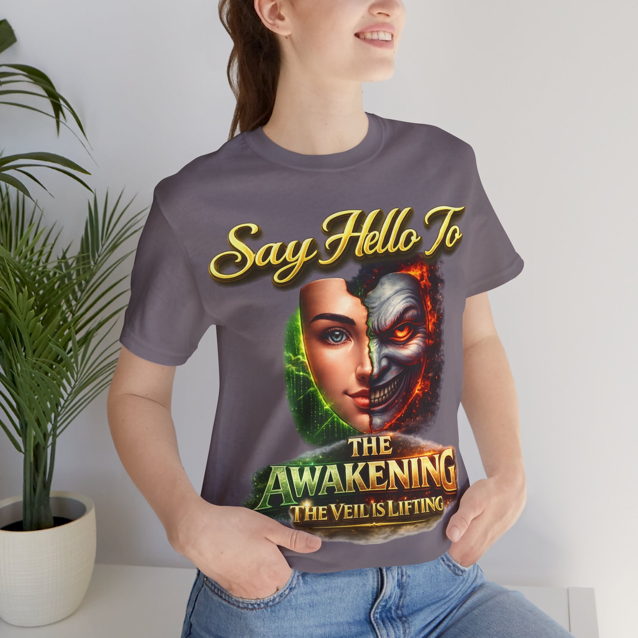 Horror Mask Split Face Tee — "Say Hello To Your Family and Friends" Graphic T-Shirt Printify