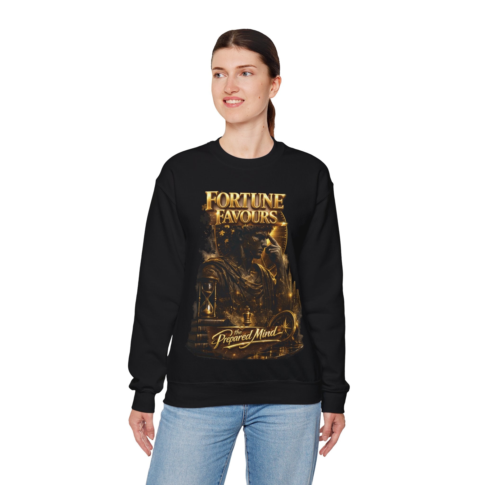 Crewneck Sweatshirt — "Fortune Favors the Prepared Mind" Motivational Design Printify