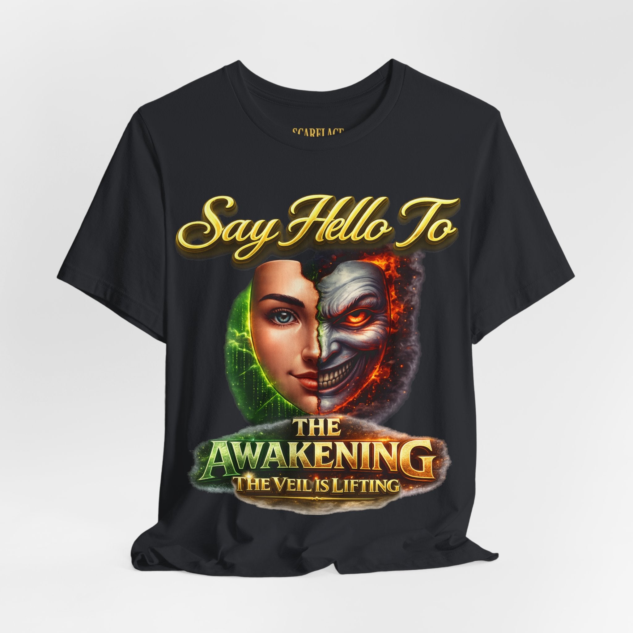 Horror Mask Split Face Tee — "Say Hello To Your Family and Friends" Graphic T-Shirt Printify