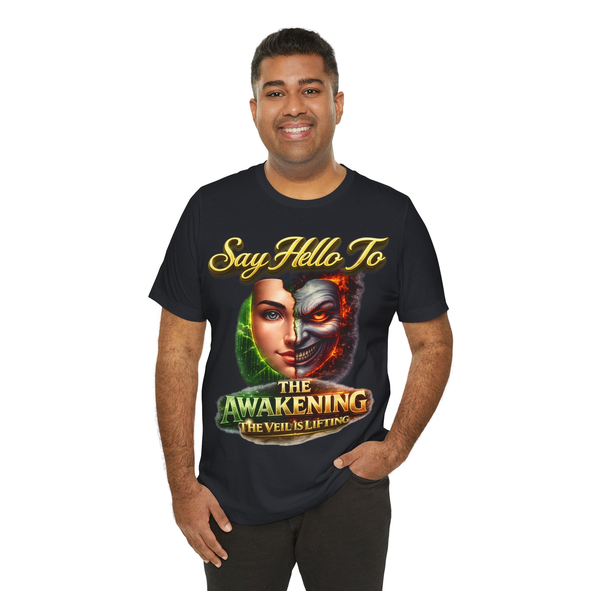 Horror Mask Split Face Tee — "Say Hello To Your Family and Friends" Graphic T-Shirt Printify