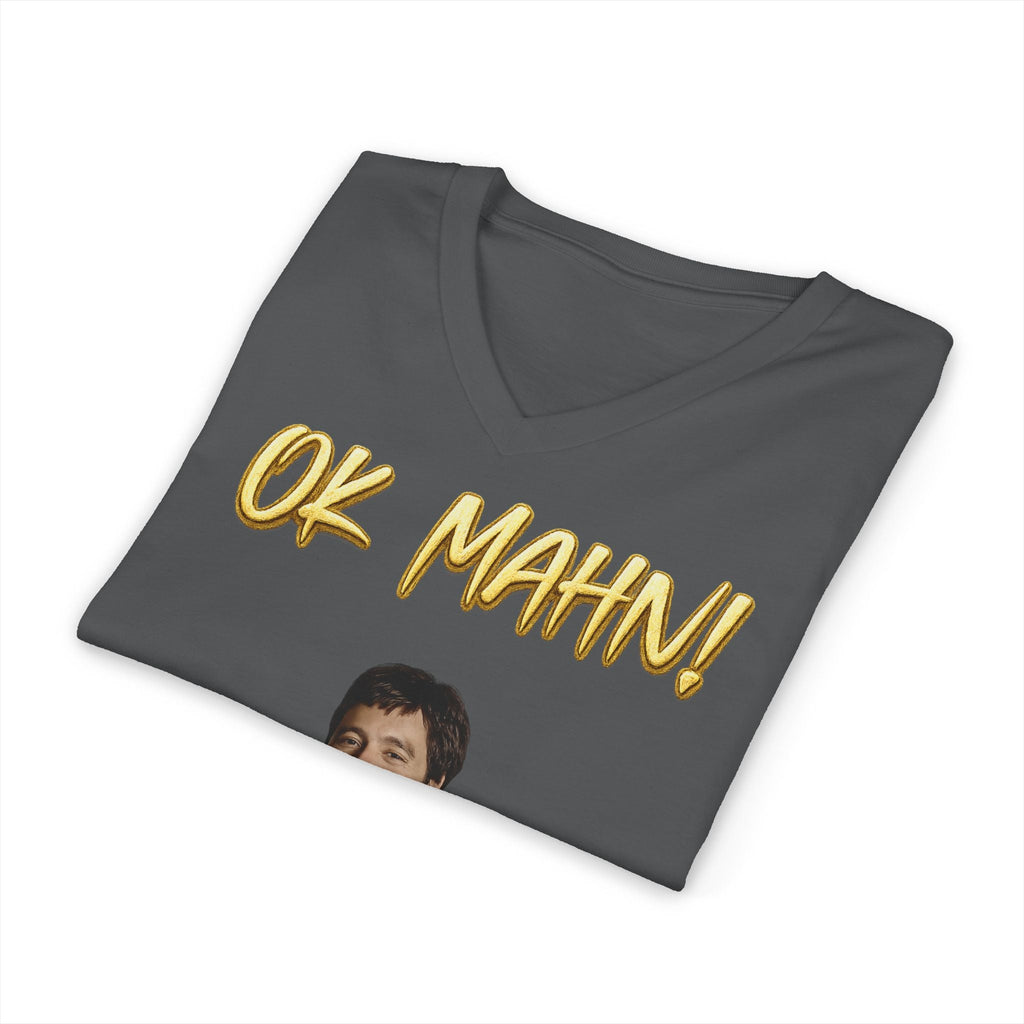 OK Mahn! V-Neck Tee — Vintage Laugh Meme T-Shirt Scarflace Studios Printify