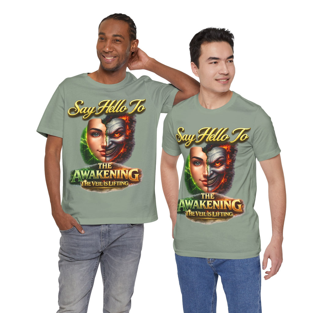 Horror Mask Split Face Tee — "Say Hello To Your Family and Friends" Graphic T-Shirt Printify