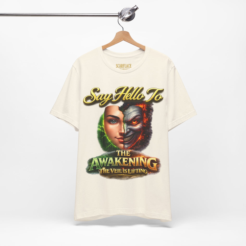 Horror Mask Split Face Tee — "Say Hello To Your Family and Friends" Graphic T-Shirt Printify
