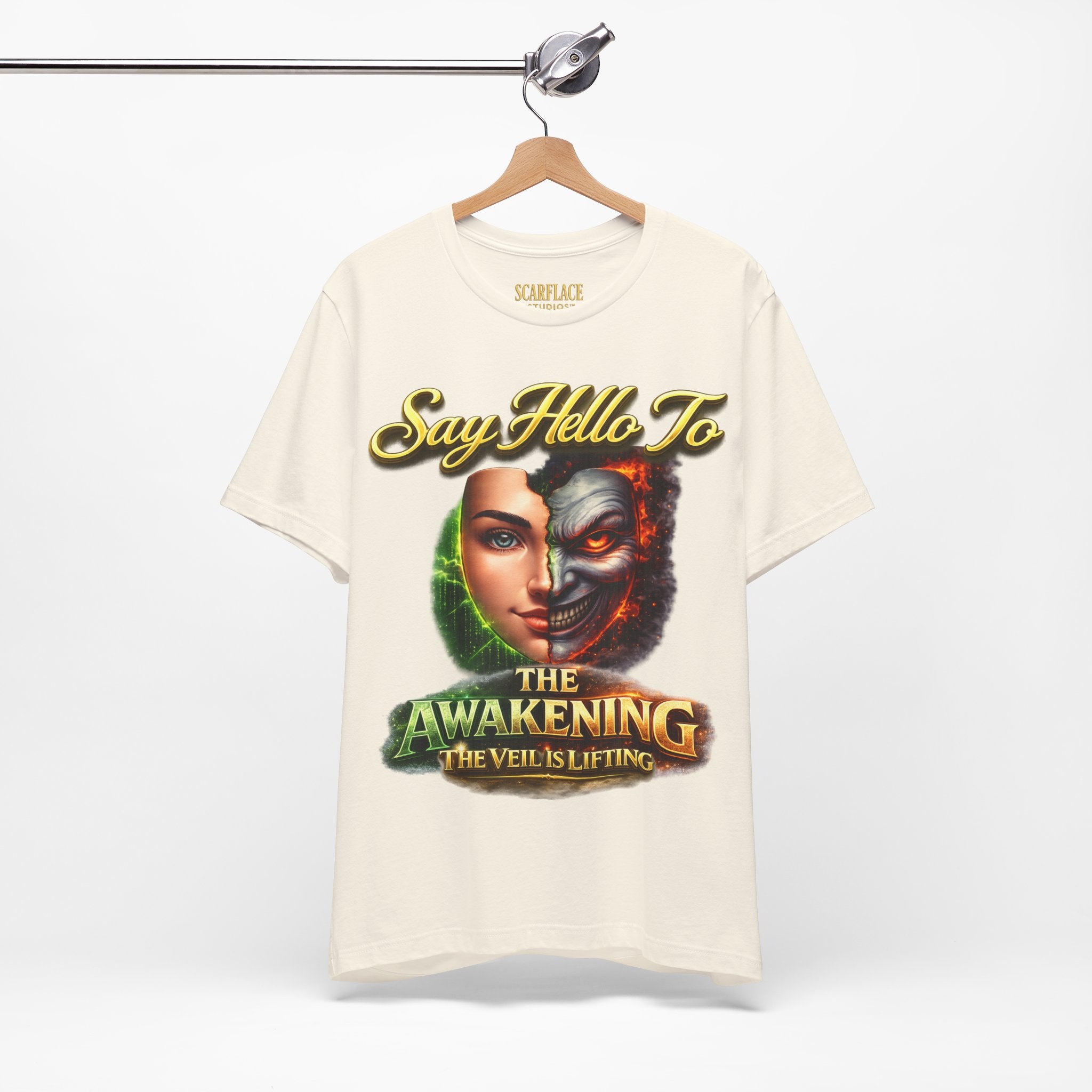 Horror Mask Split Face Tee — "Say Hello To Your Family and Friends" Graphic T-Shirt Printify