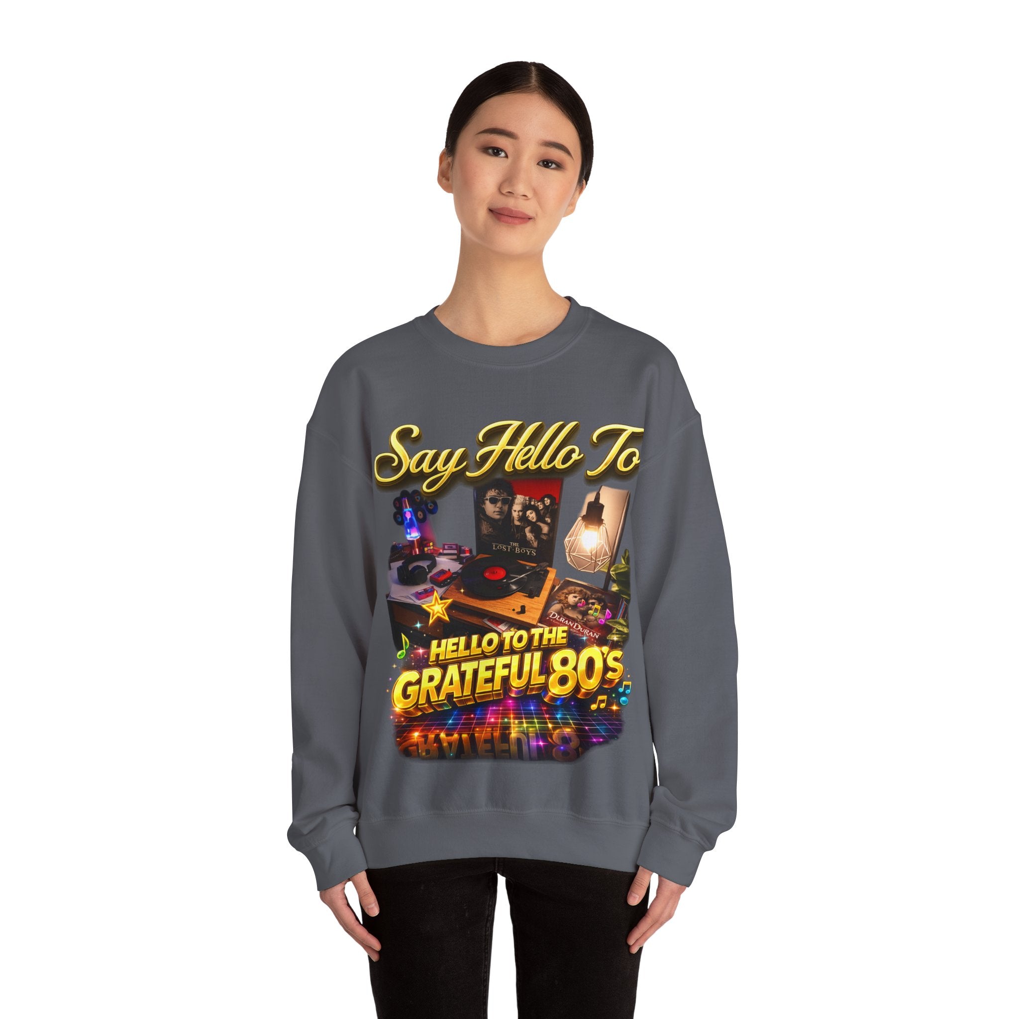 Grateful 80s Crewneck Sweatshirt — “say hello to the grateful 80's” Retro Vibe Printify