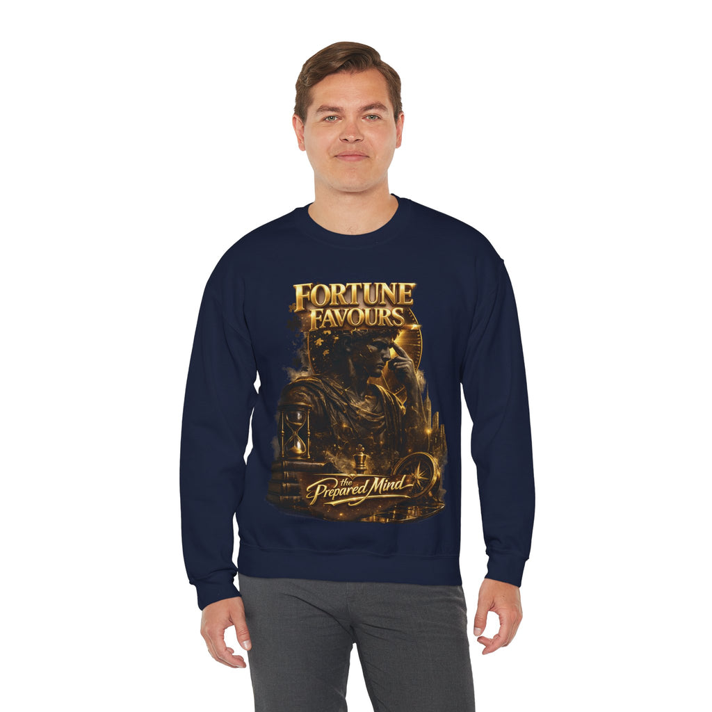 Crewneck Sweatshirt — "Fortune Favors the Prepared Mind" Motivational Design Printify