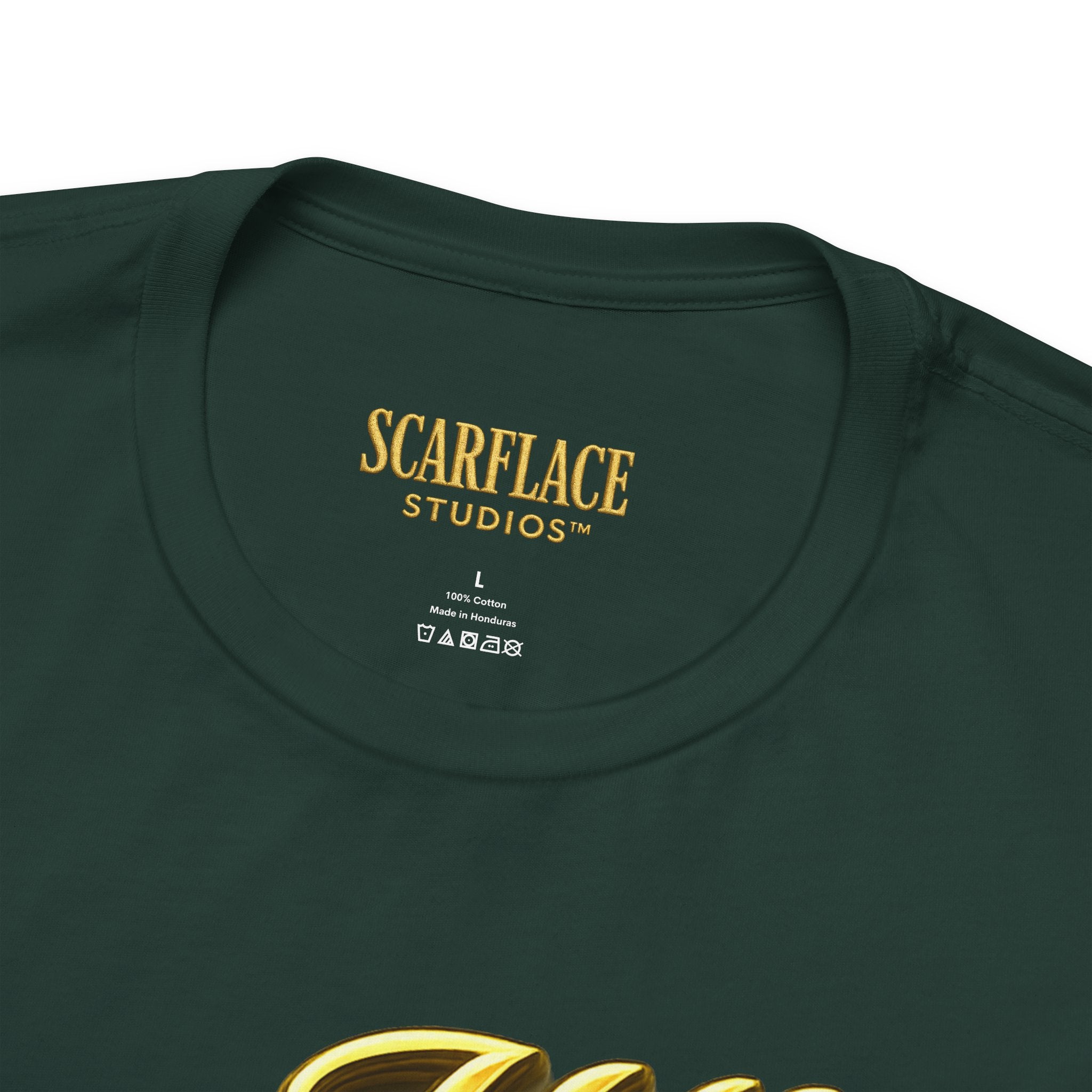 Horror Mask Split Face Tee — "Say Hello To Your Family and Friends" Graphic T-Shirt Printify