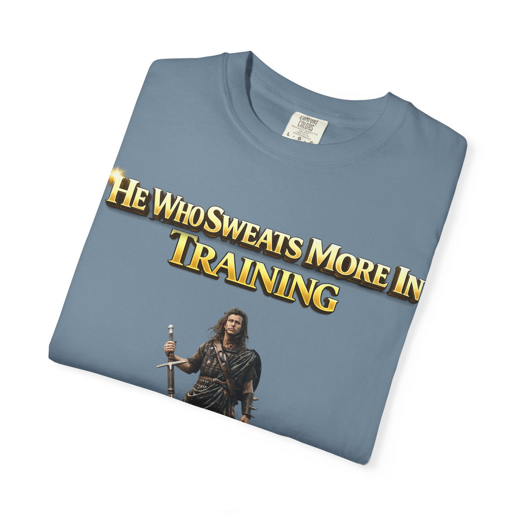 Training Warrior T-Shirt — "He Who Sweats More in Training Bleeds Less in Battle" Printify