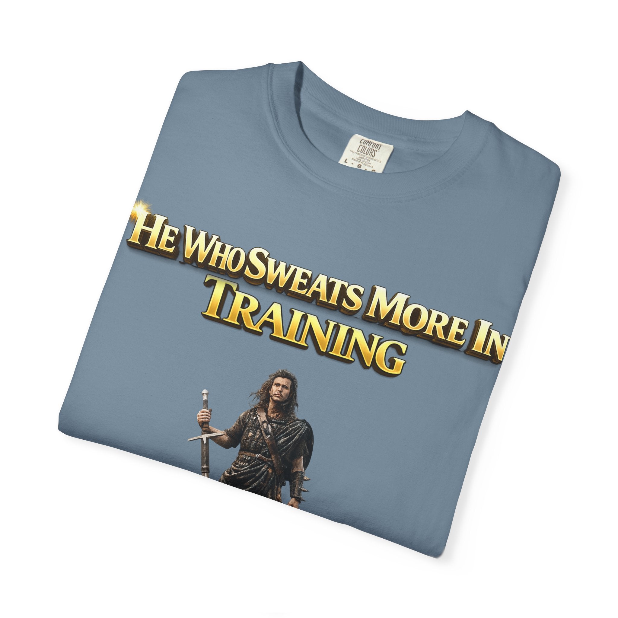 Training Warrior T-Shirt — "He Who Sweats More in Training Bleeds Less in Battle" Printify