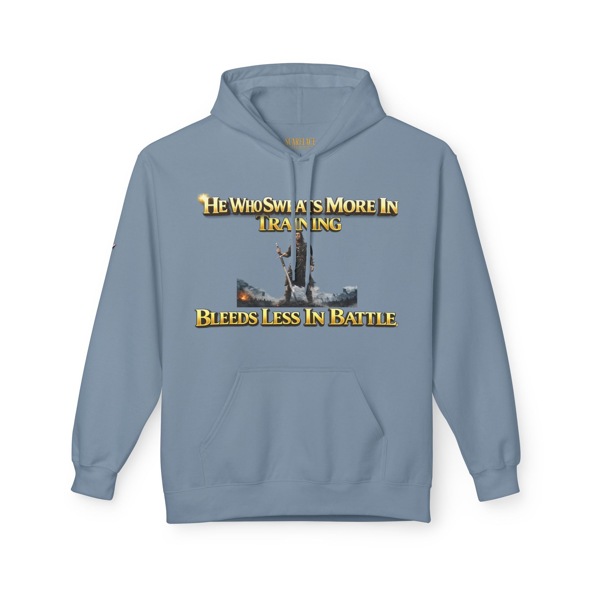 Warrior Training Hoodie — "He Who Sweats More in Training Bleeds Less in Battle" Printify