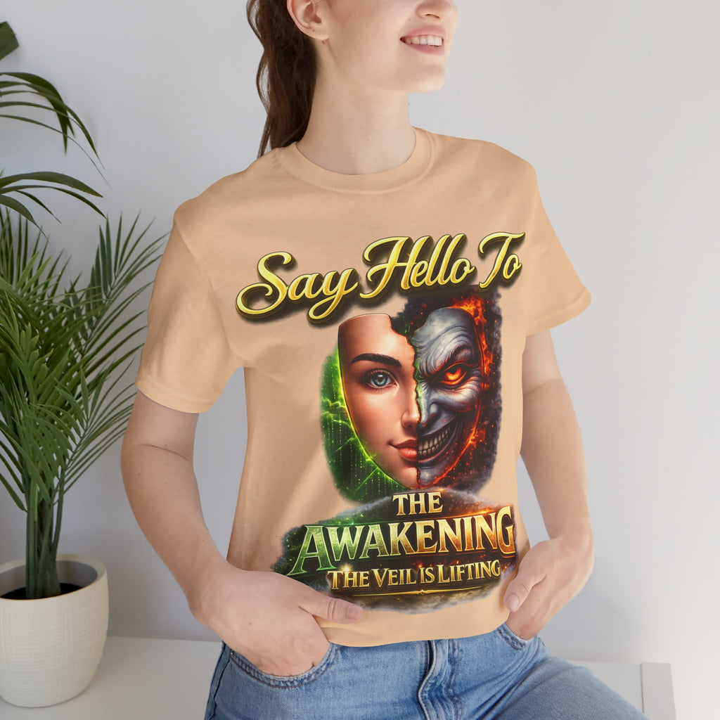 Horror Mask Split Face Tee — "Say Hello To Your Family and Friends" Graphic T-Shirt Printify