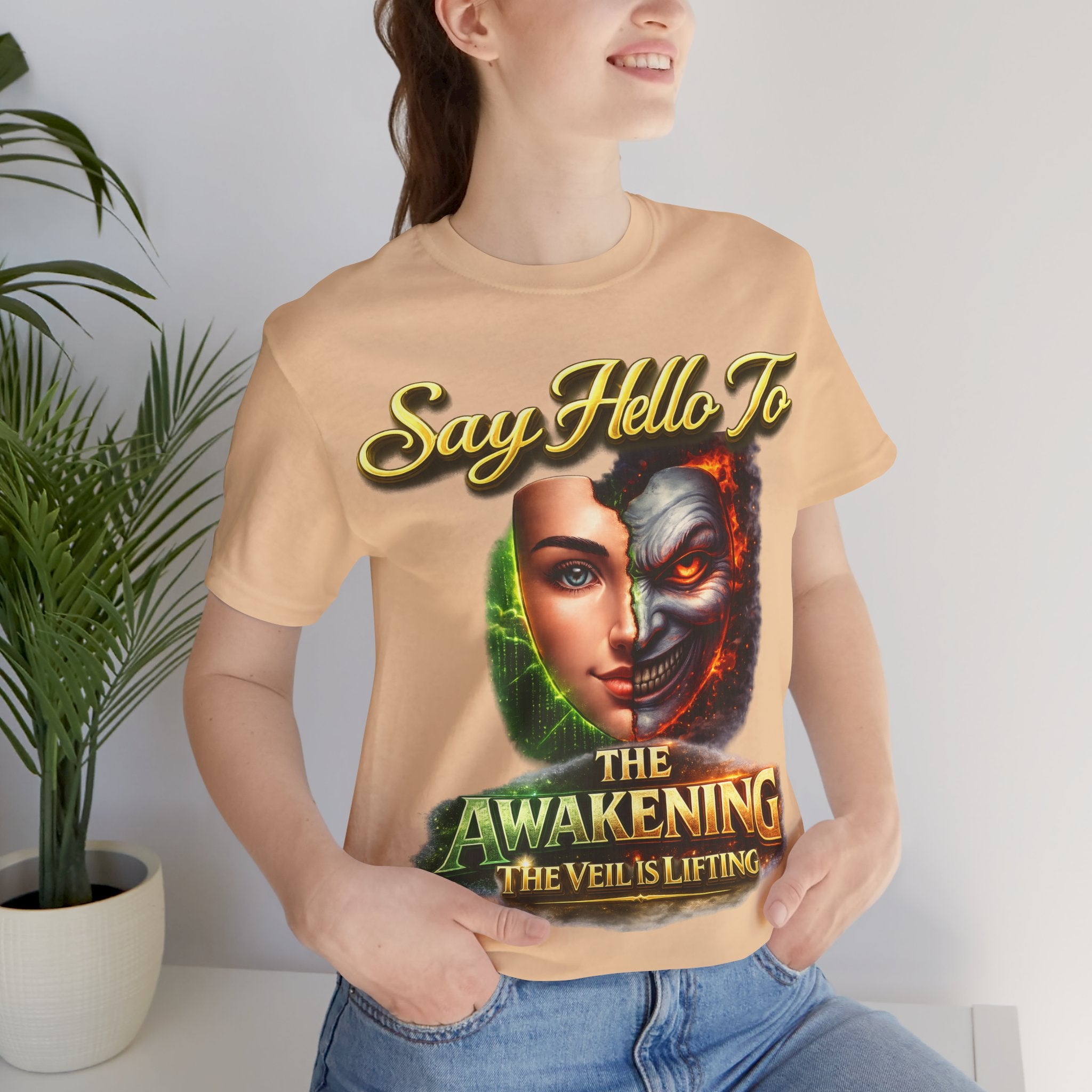 Horror Mask Split Face Tee — "Say Hello To Your Family and Friends" Graphic T-Shirt Printify