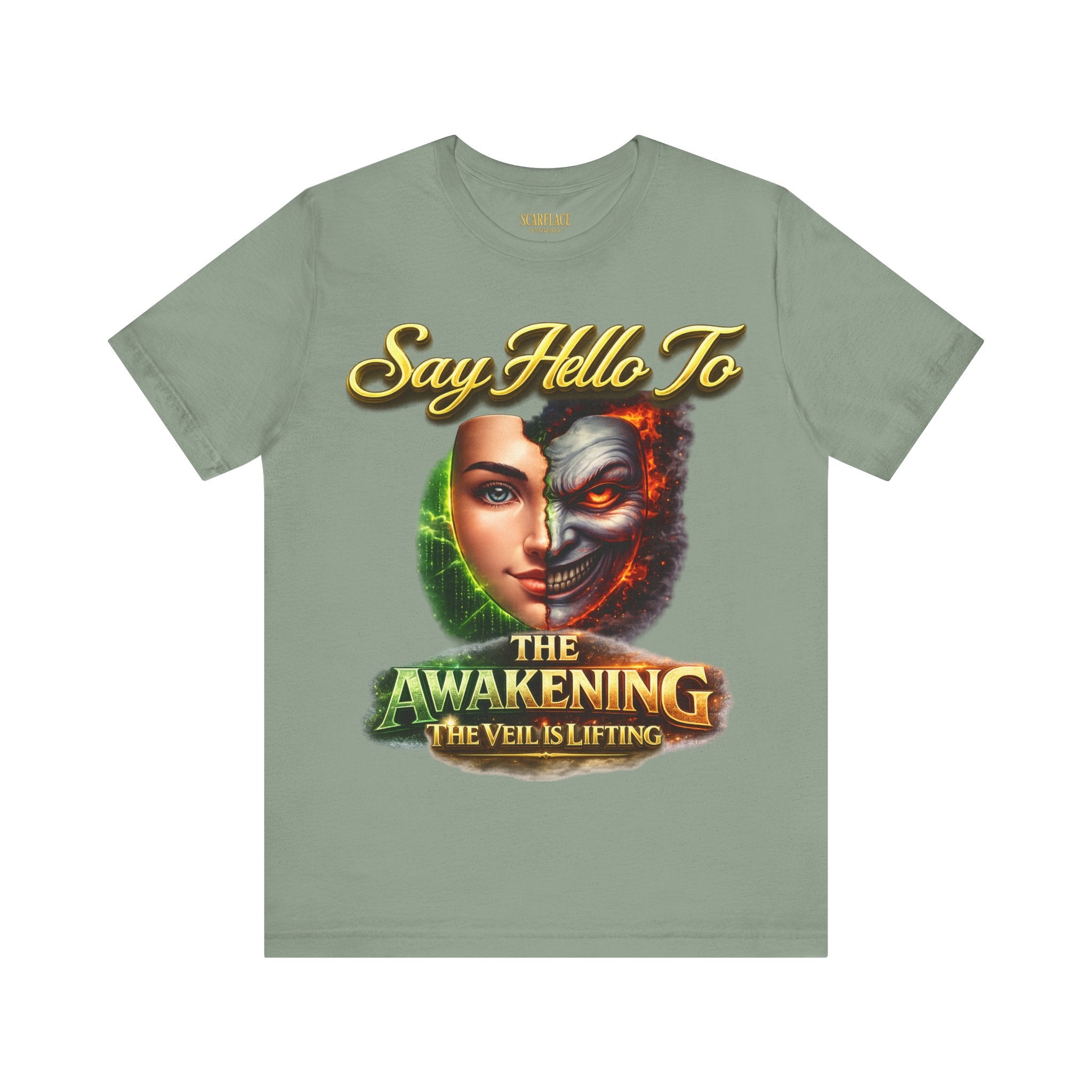 Horror Mask Split Face Tee — "Say Hello To Your Family and Friends" Graphic T-Shirt Printify
