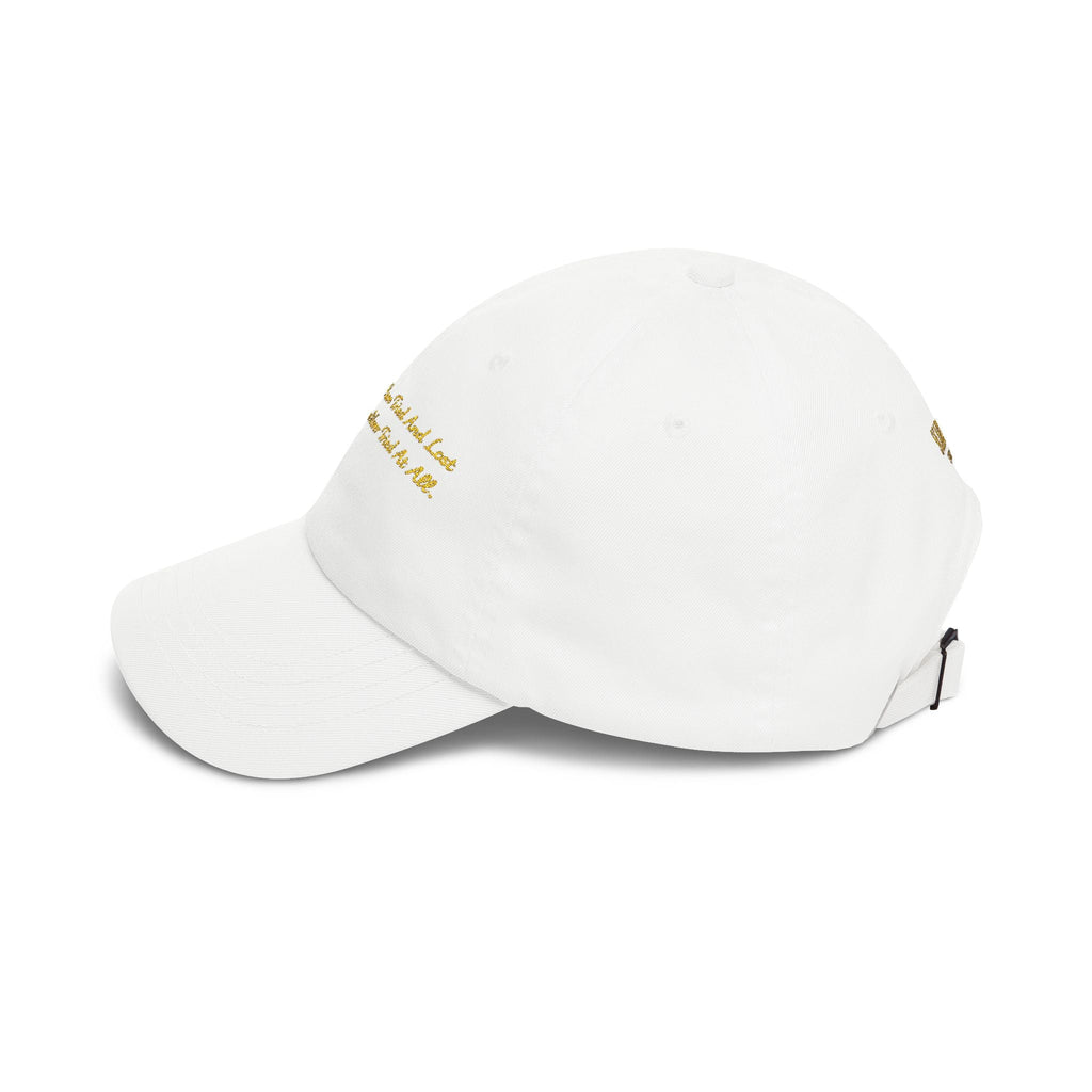 Gold Script "Dad" Cap — Minimal White Baseball Hat Printify