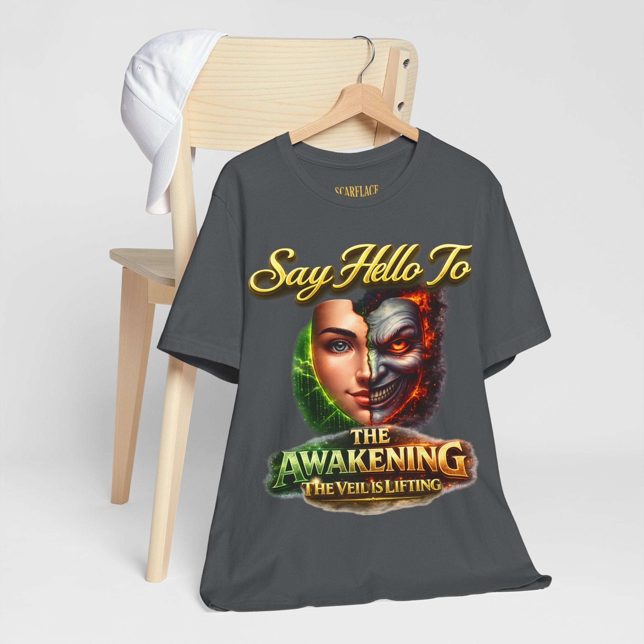Horror Mask Split Face Tee — "Say Hello To Your Family and Friends" Graphic T-Shirt Printify