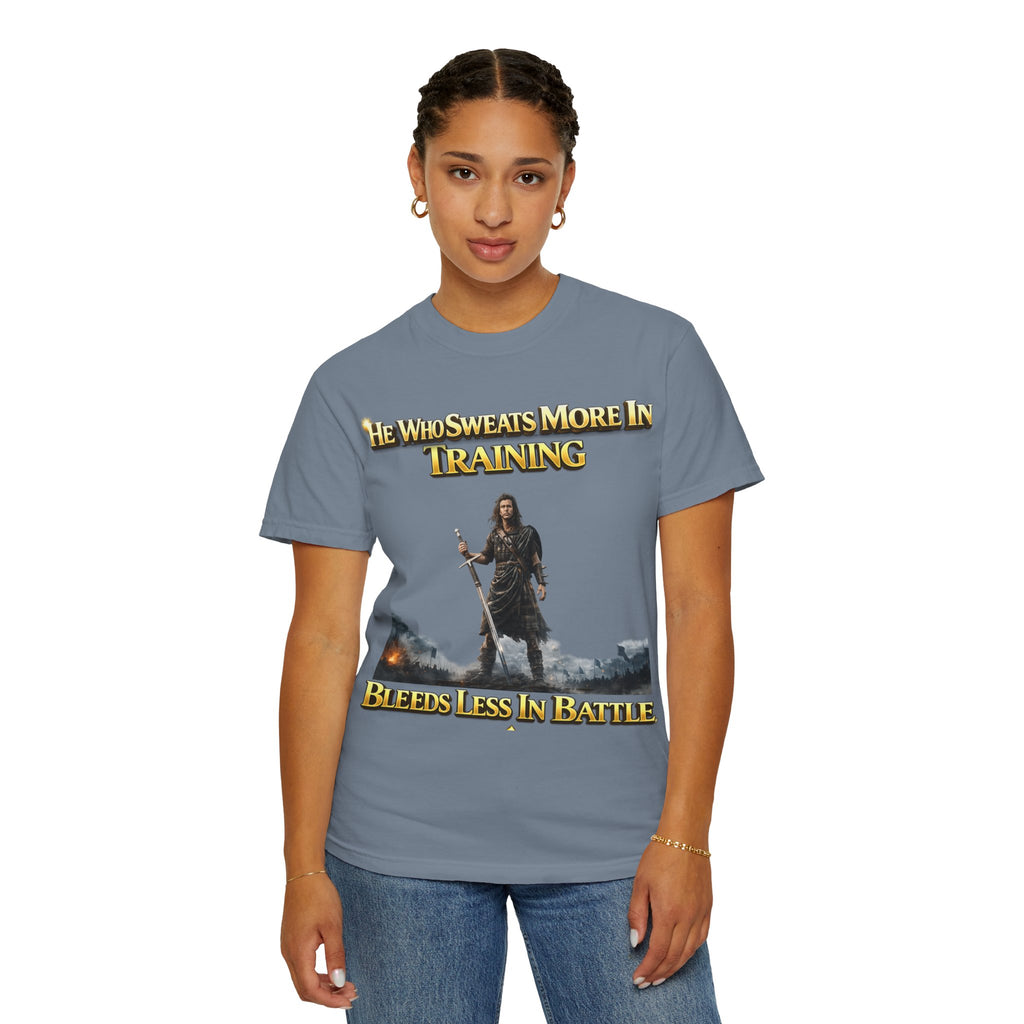 Training Warrior T-Shirt — "He Who Sweats More in Training Bleeds Less in Battle" Printify