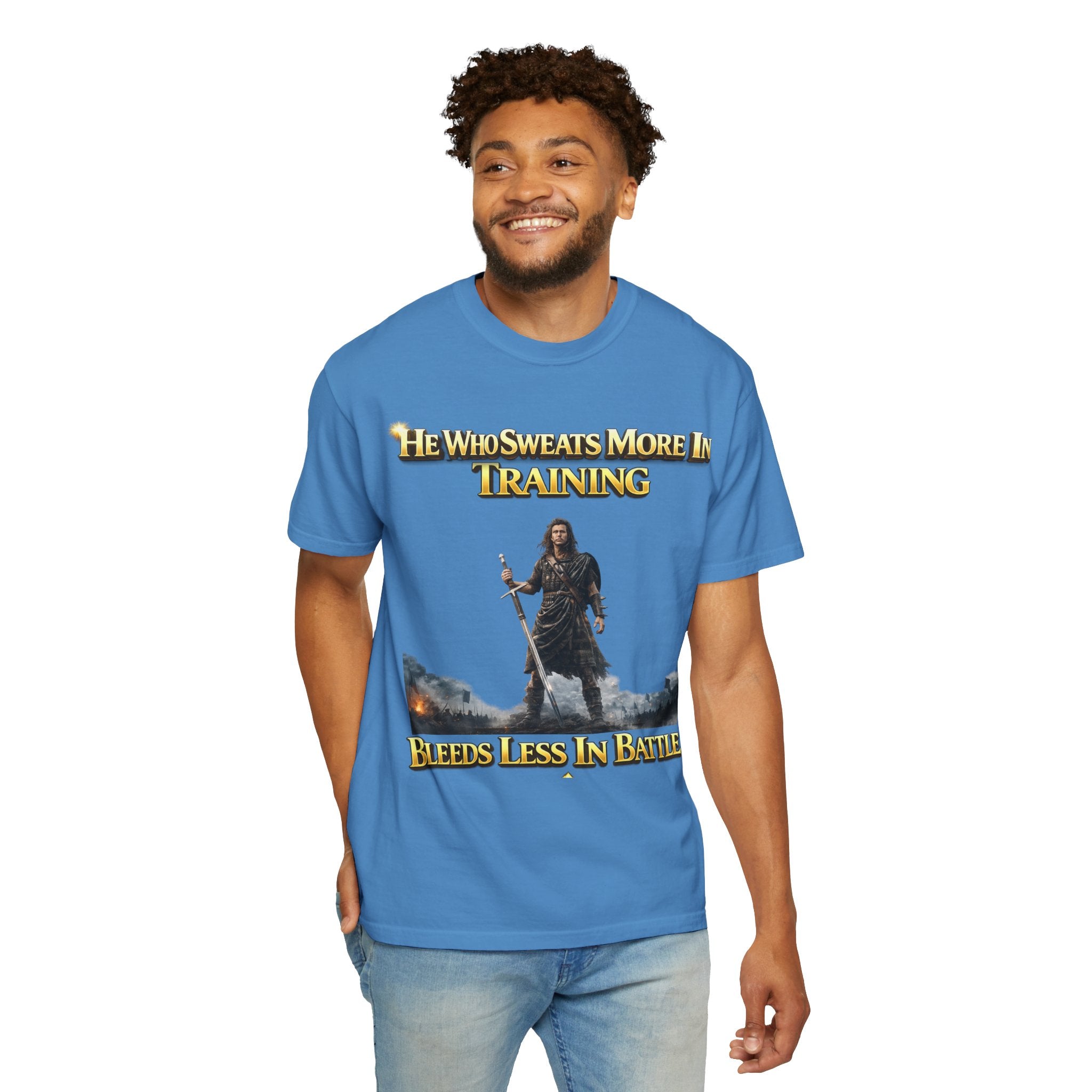 Training Warrior T-Shirt — "He Who Sweats More in Training Bleeds Less in Battle" Printify