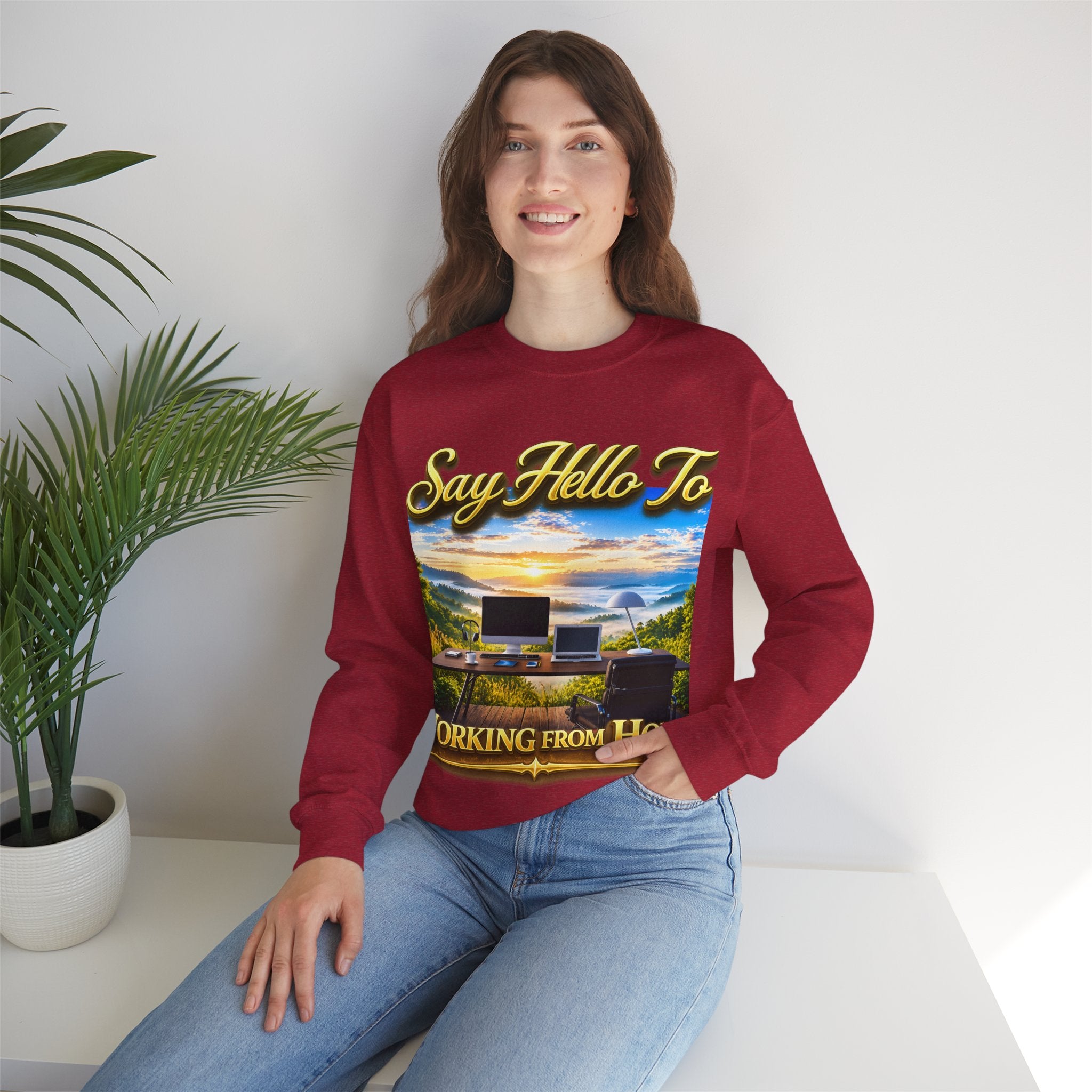 Working From Home Sweatshirt – "Say Hello To" Scenic Home Office Crewneck Printify