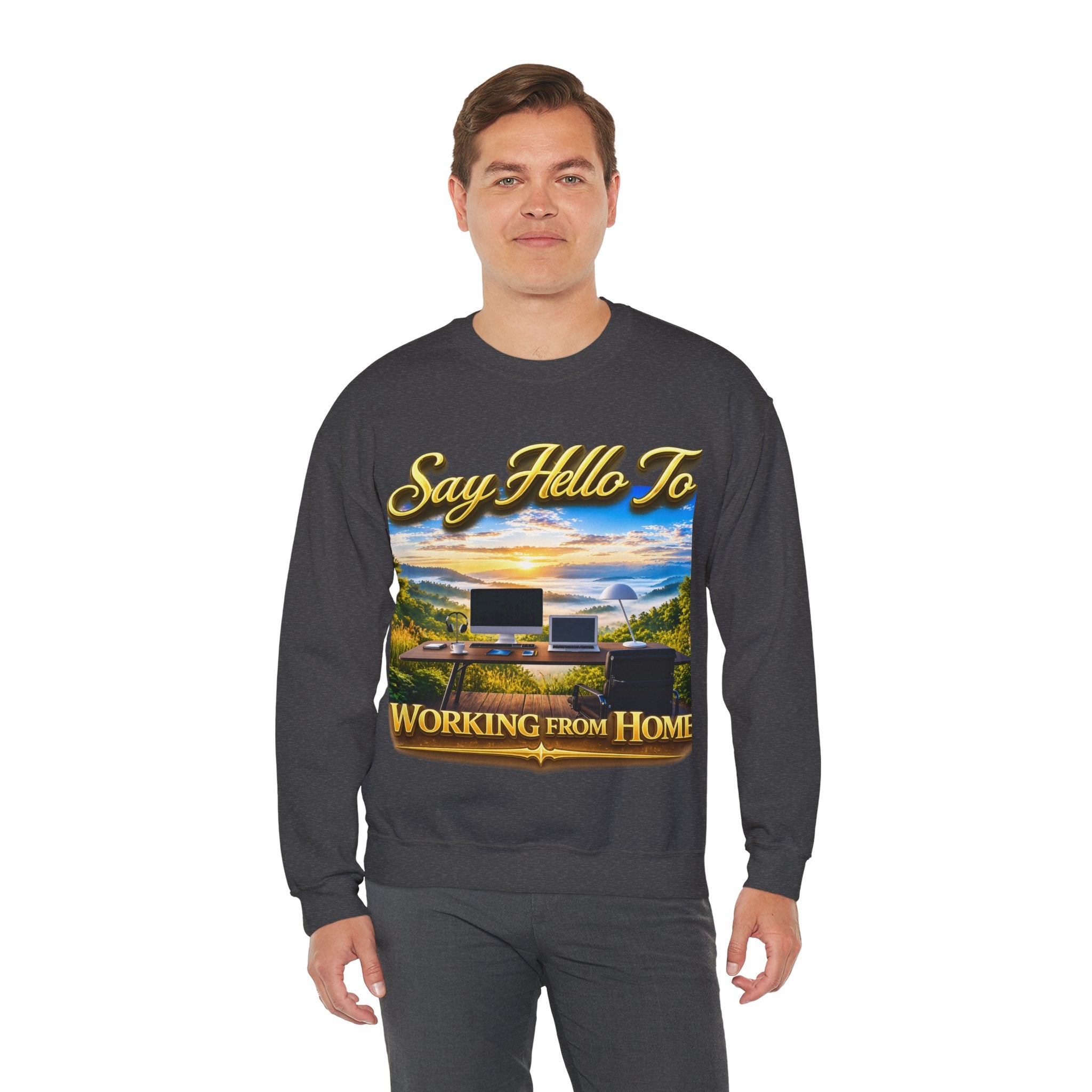 Working From Home Sweatshirt – "Say Hello To" Scenic Home Office Crewneck Printify