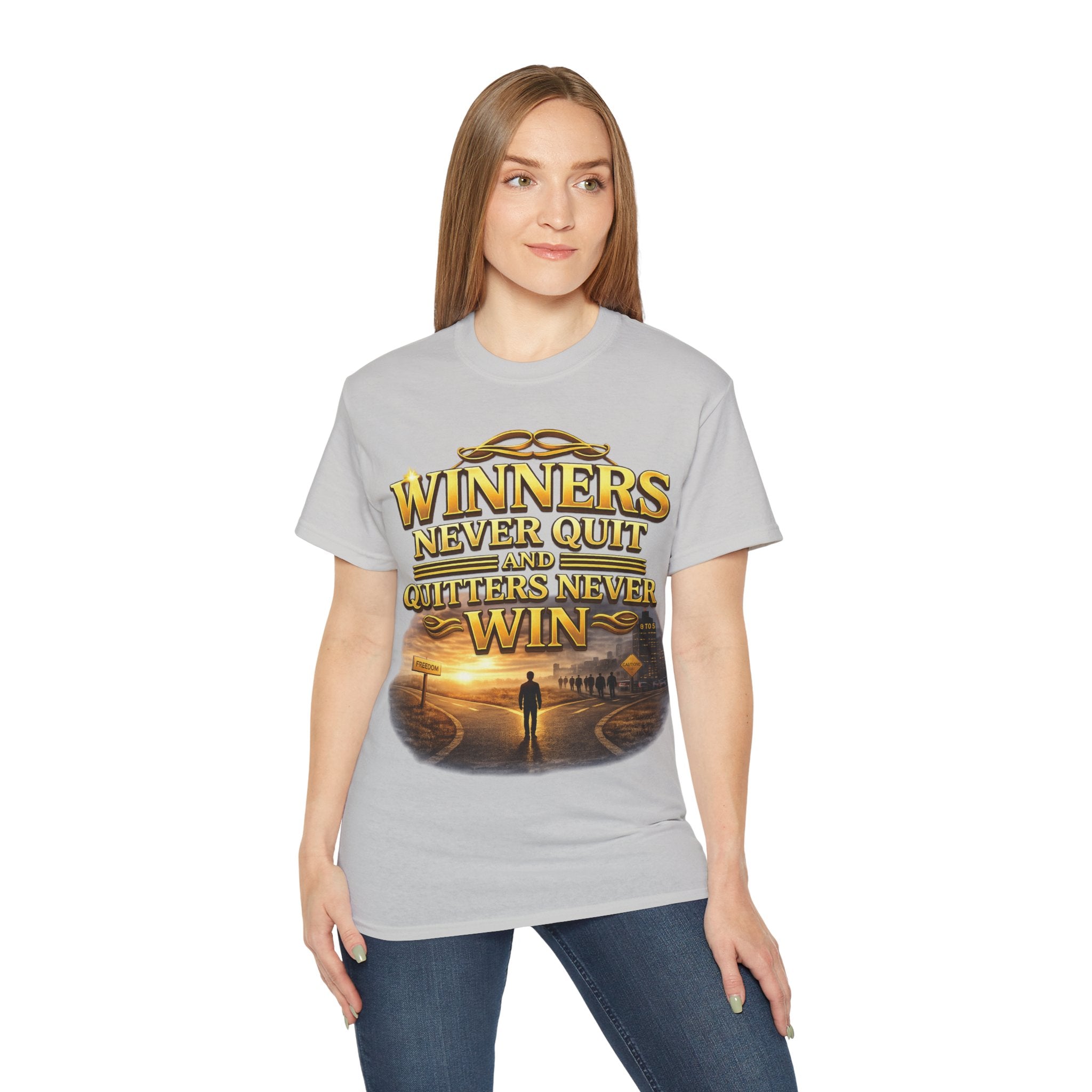 Winners Never Quit Inspirational Tee — Motivational Quote Shirt Printify