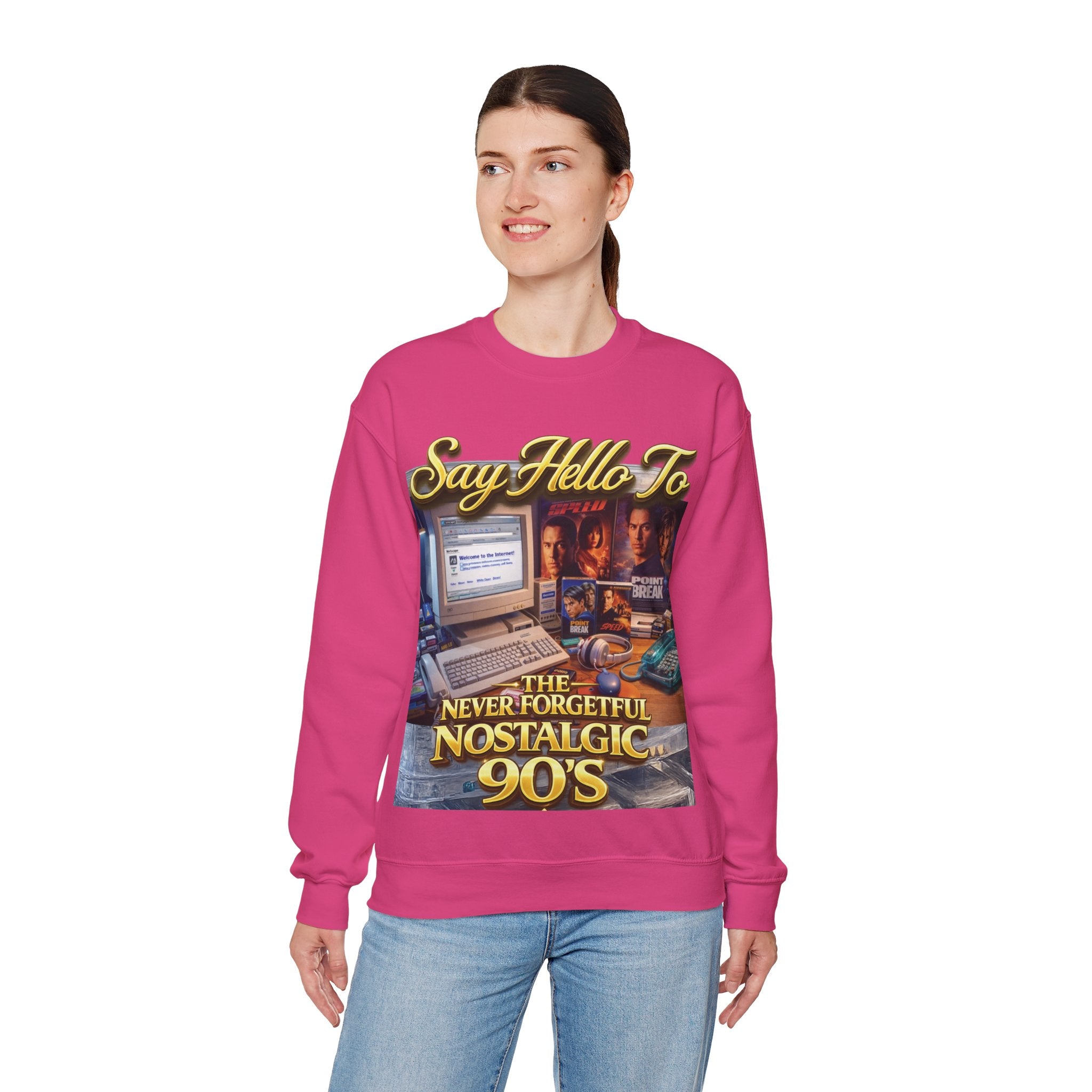 90s Nostalgia Crewneck Sweatshirt – "Say Hello To The Never Forgetful Nostalgic 90's" Printify