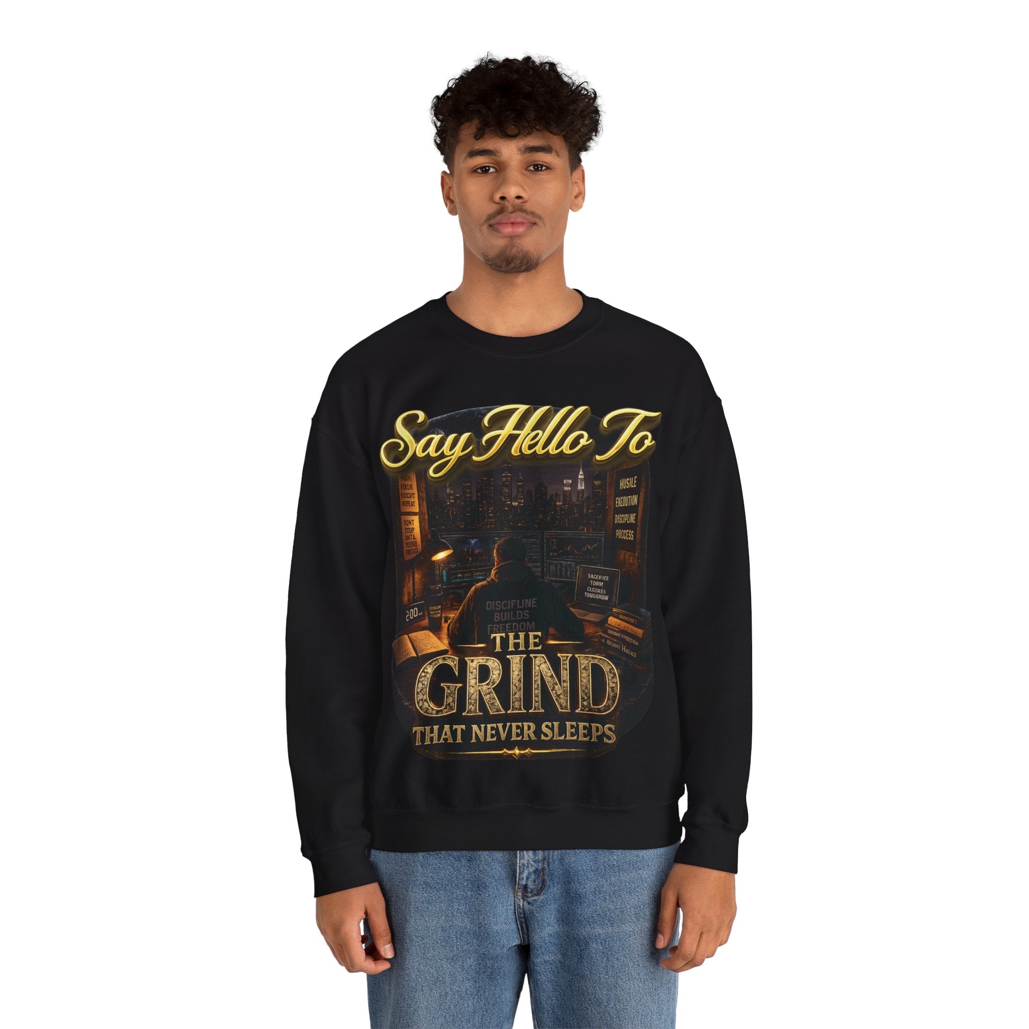 The Grind That Never Sleeps Crewneck Sweatshirt — Motivational Hustle Sweatshirt Printify